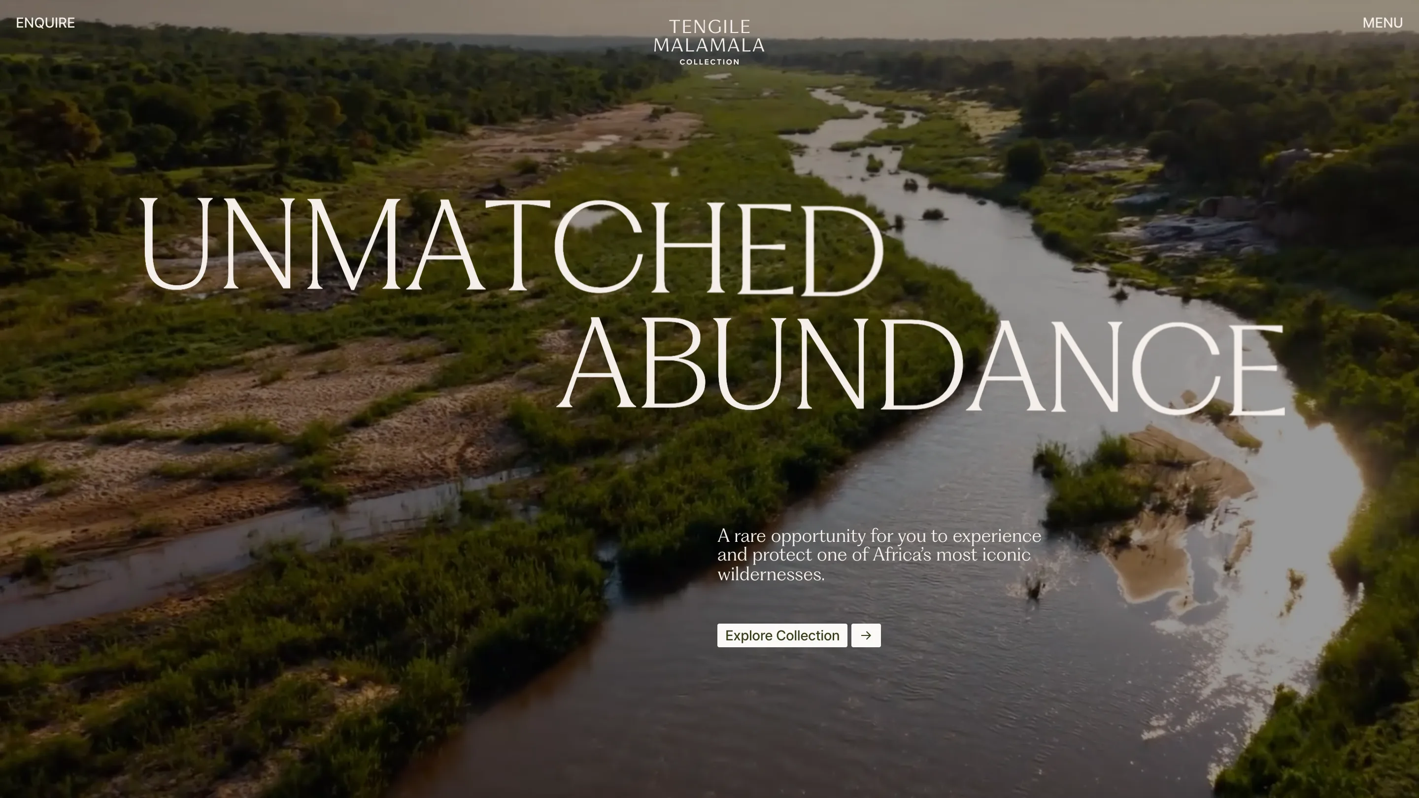 Tengile MalaMala Collection homepage, with UNMATCHED ABUNDANCE in stepped serif capitals over drone footage of the Sand River