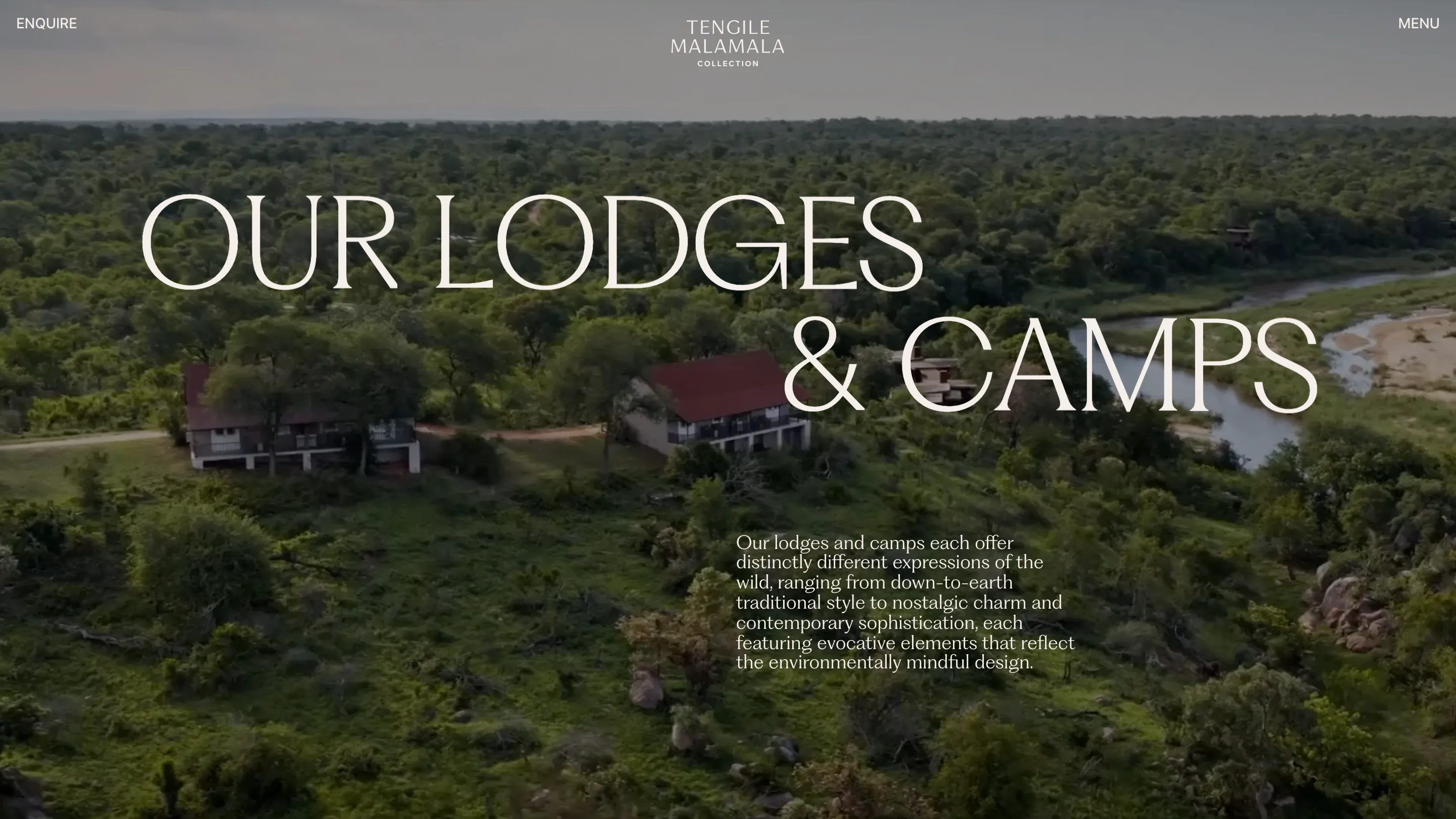 Accommodation page on the Tengile MalaMala site, with OUR LODGES and & CAMPS stepped over aerial footage of two lodges by the river