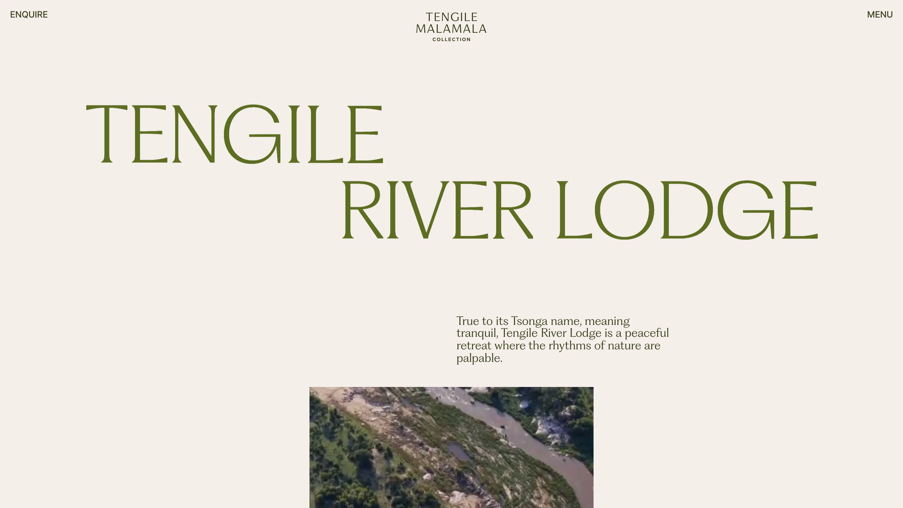 Tengile River Lodge page, with the lodge name in olive serif capitals stepped across a cream page and an aerial inset of the river below