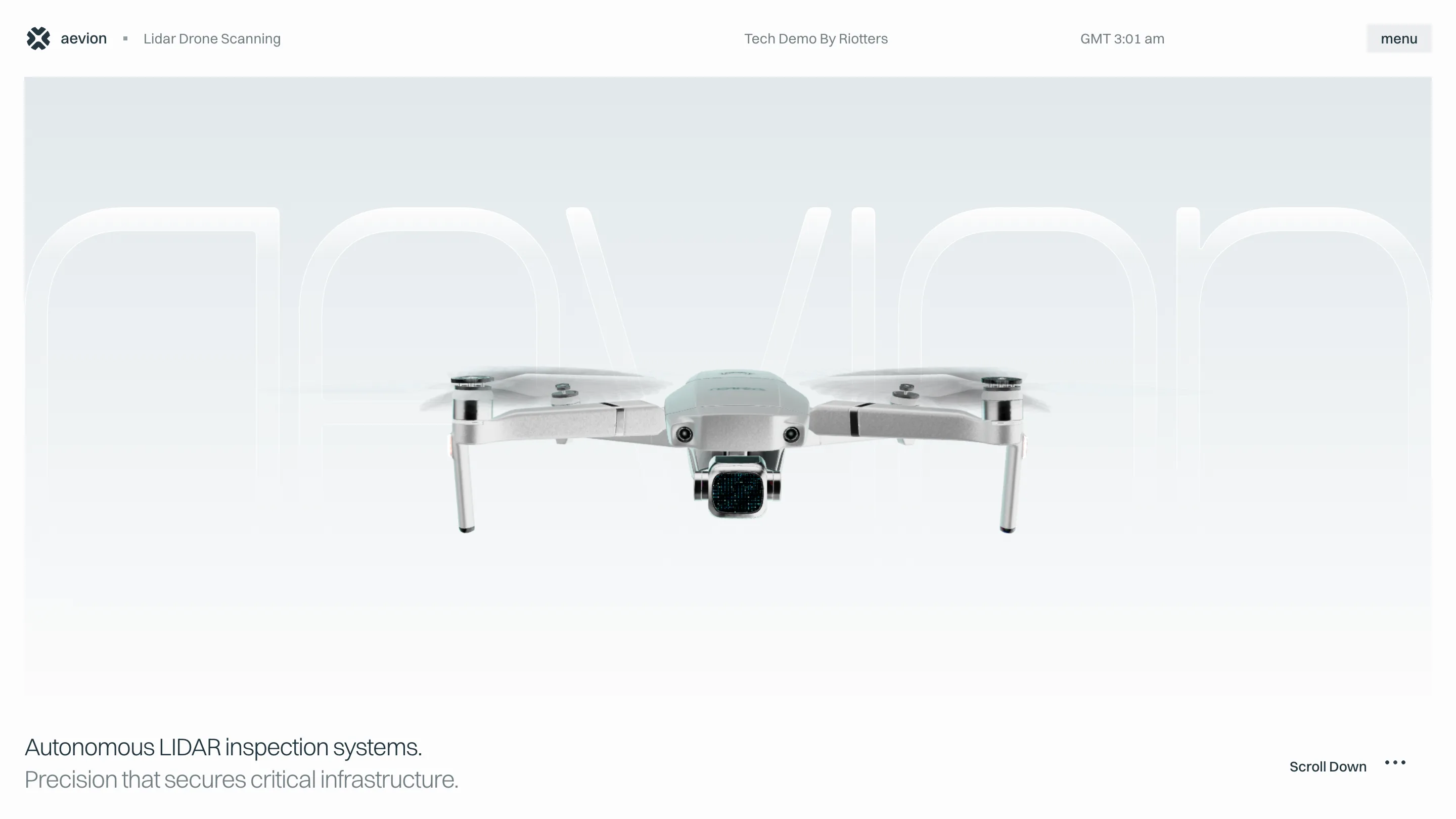 The Aevion demo hero: a white drone hovering in front of the outlined wordmark aevion, with the line Autonomous LIDAR inspection systems below