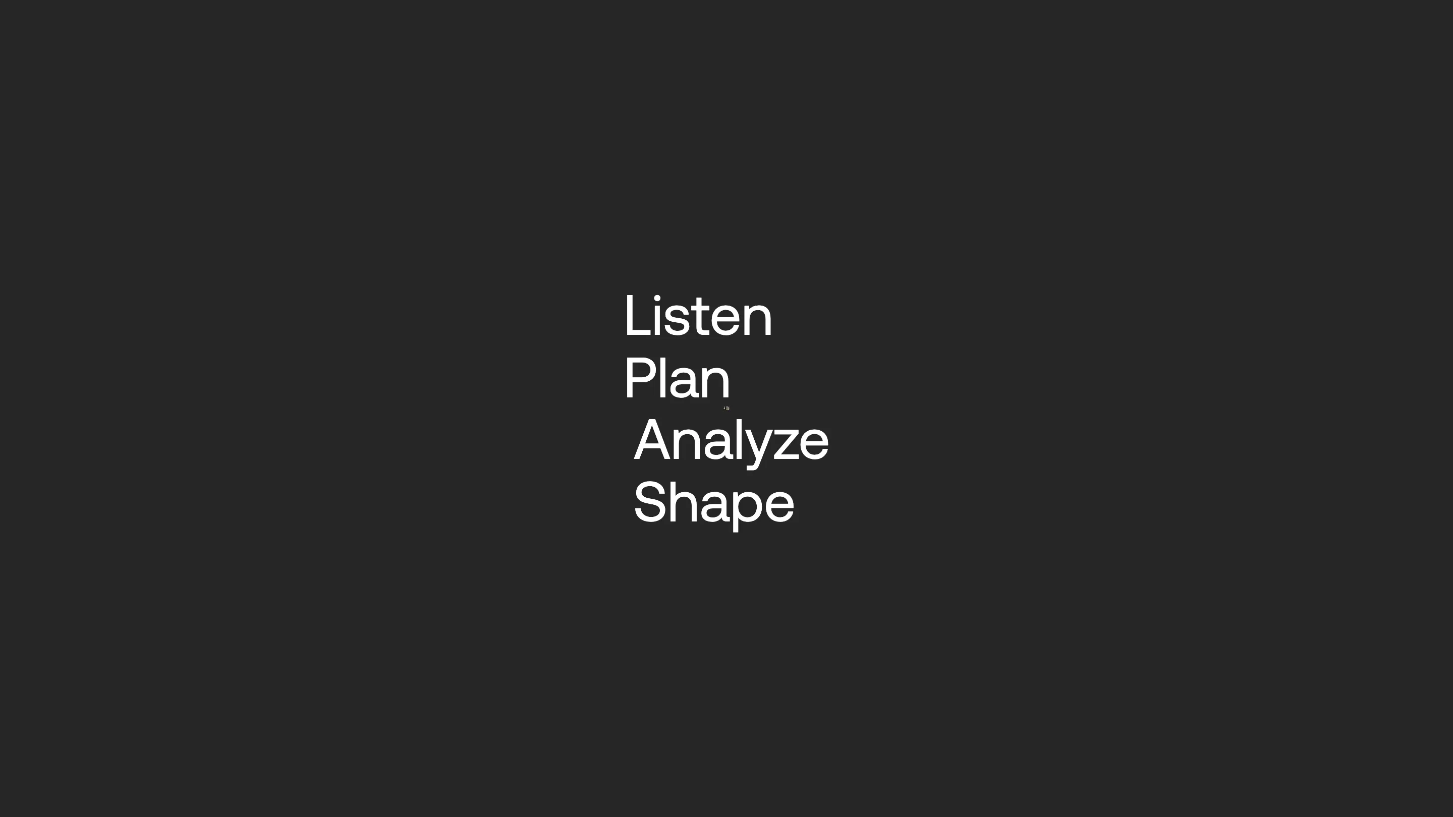 The LPAS preloader: the words Listen, Plan, Analyze, Shape stacked in white on a charcoal screen