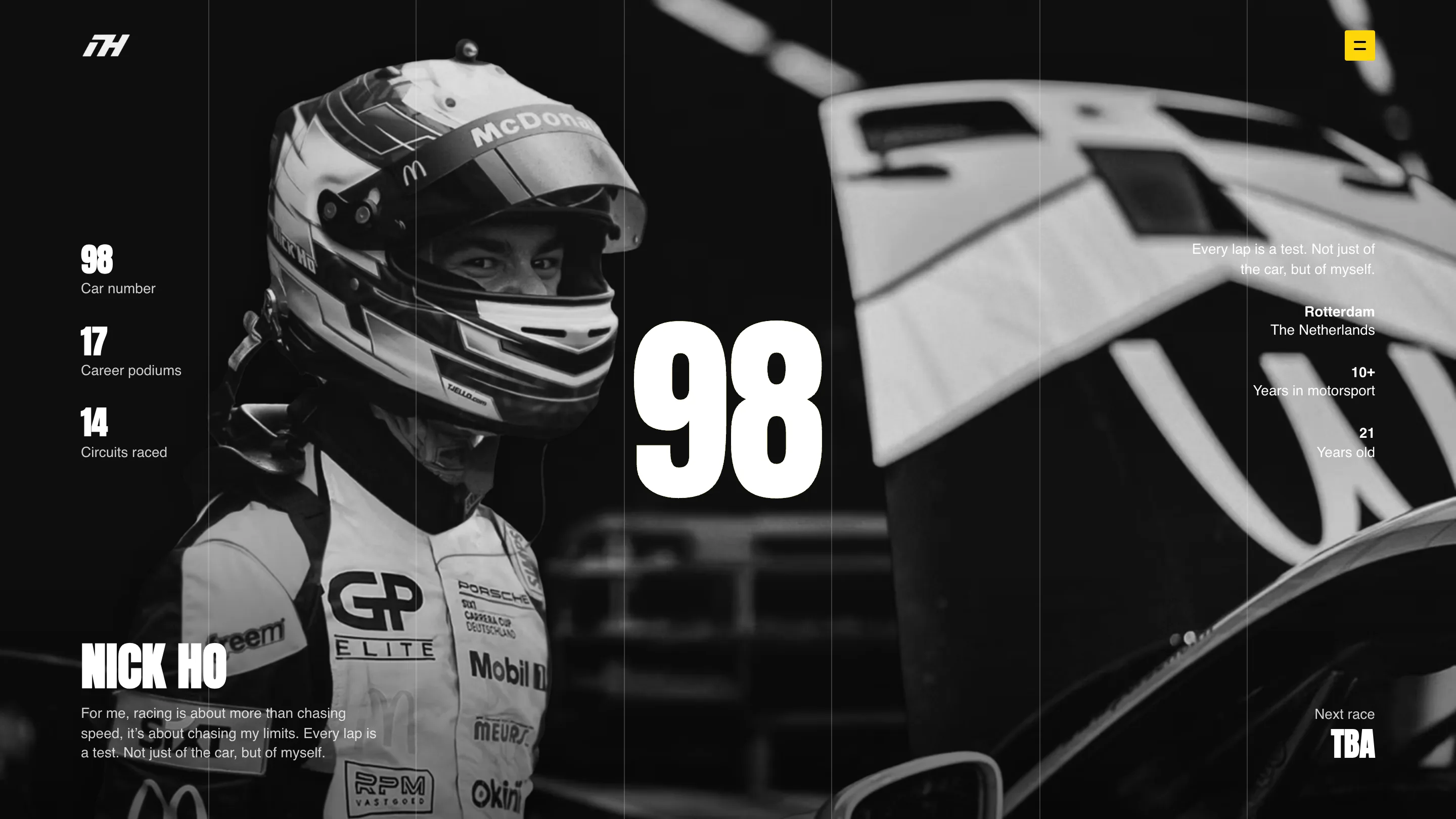 Nick Ho's homepage: a black and white portrait of the driver in his helmet with a huge white 98 in the centre and his stats in columns either side