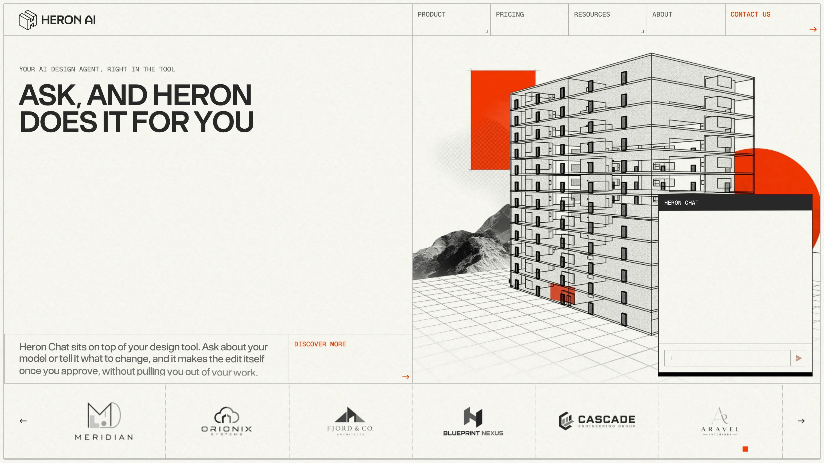 Heron AI hero: an uppercase headline on the left and a cut-away wireframe tower on a perspective grid on the right, with the Heron Chat window floating over it