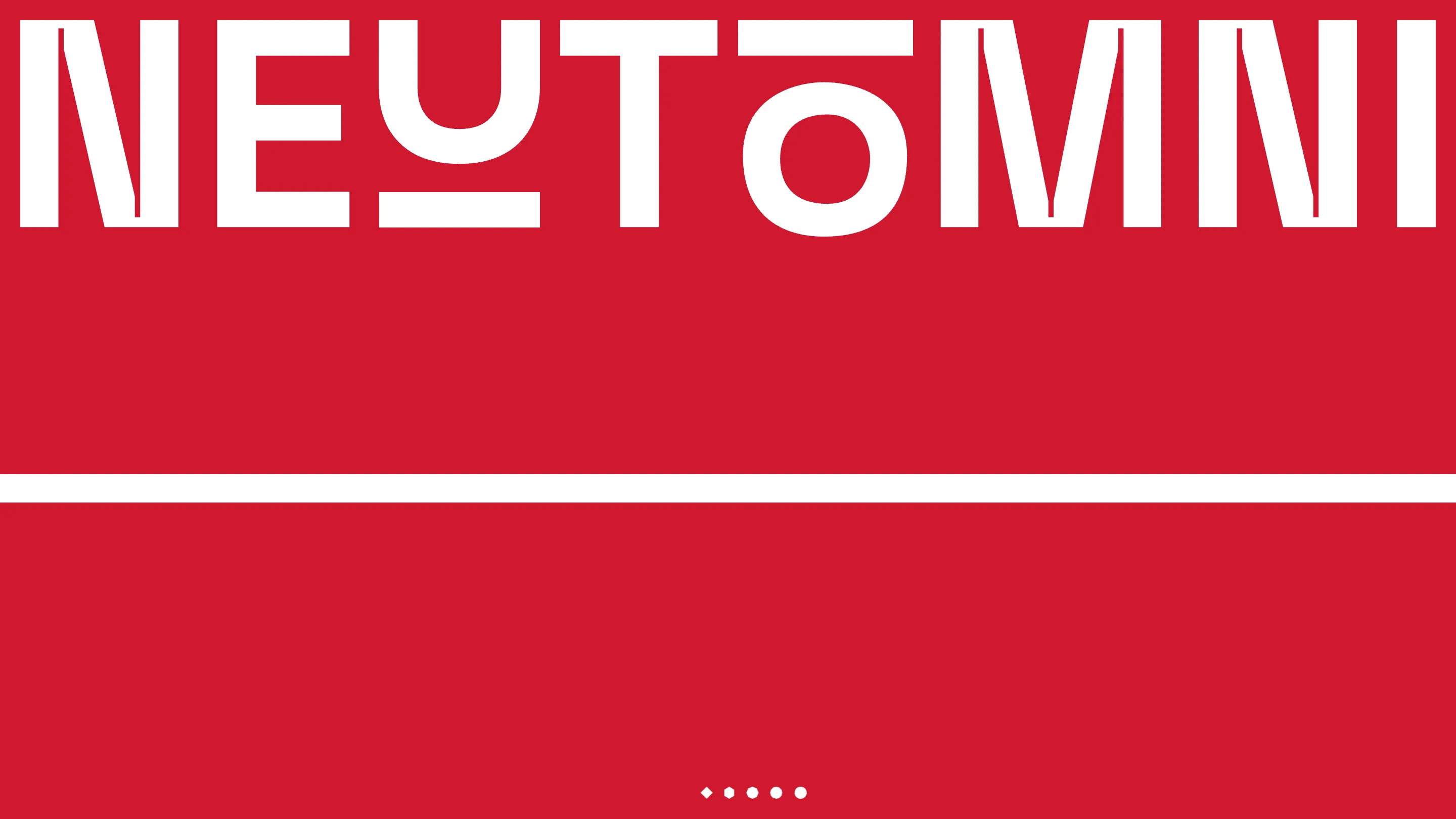Neutomni's home page: the white stencil wordmark NEUTOMNI across a red field, cut by a white rule, with a row of small loader shapes at the bottom