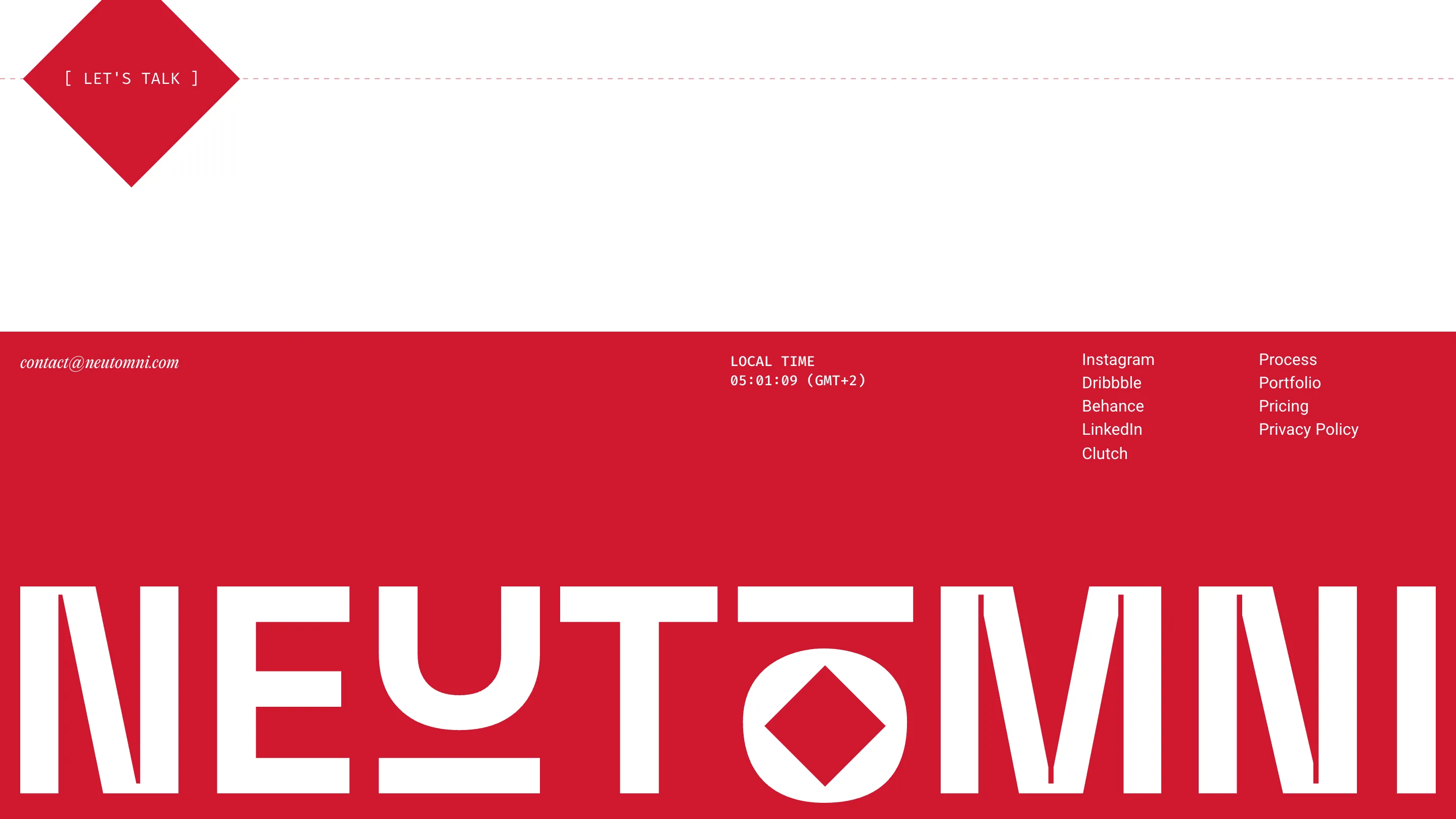 Neutomni's footer: a red diamond Let's talk button above the full wordmark, with a diamond set inside the O