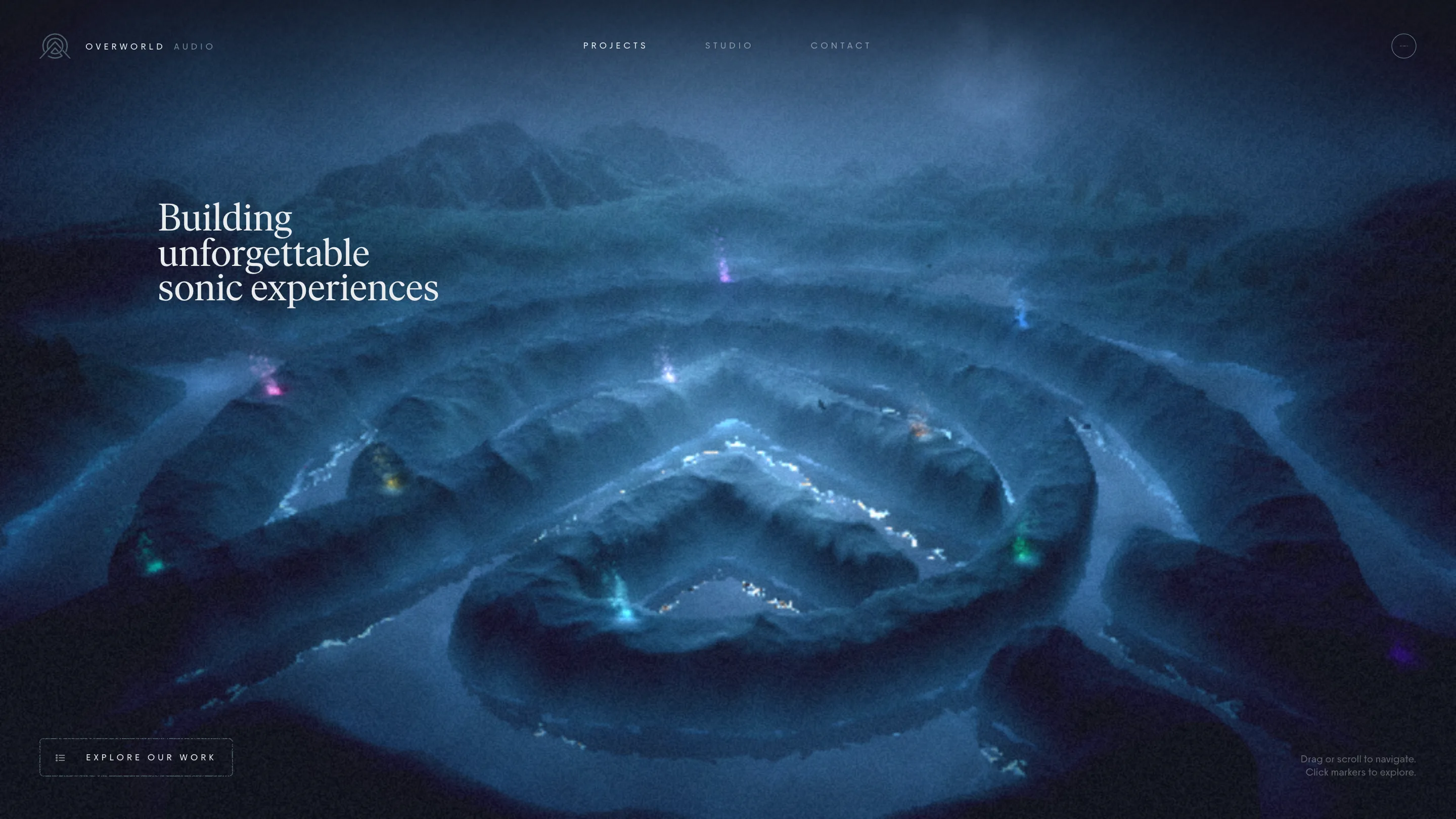 Overworld Audio home page: a dark 3D valley of concentric ridges with glowing project markers and a serif headline