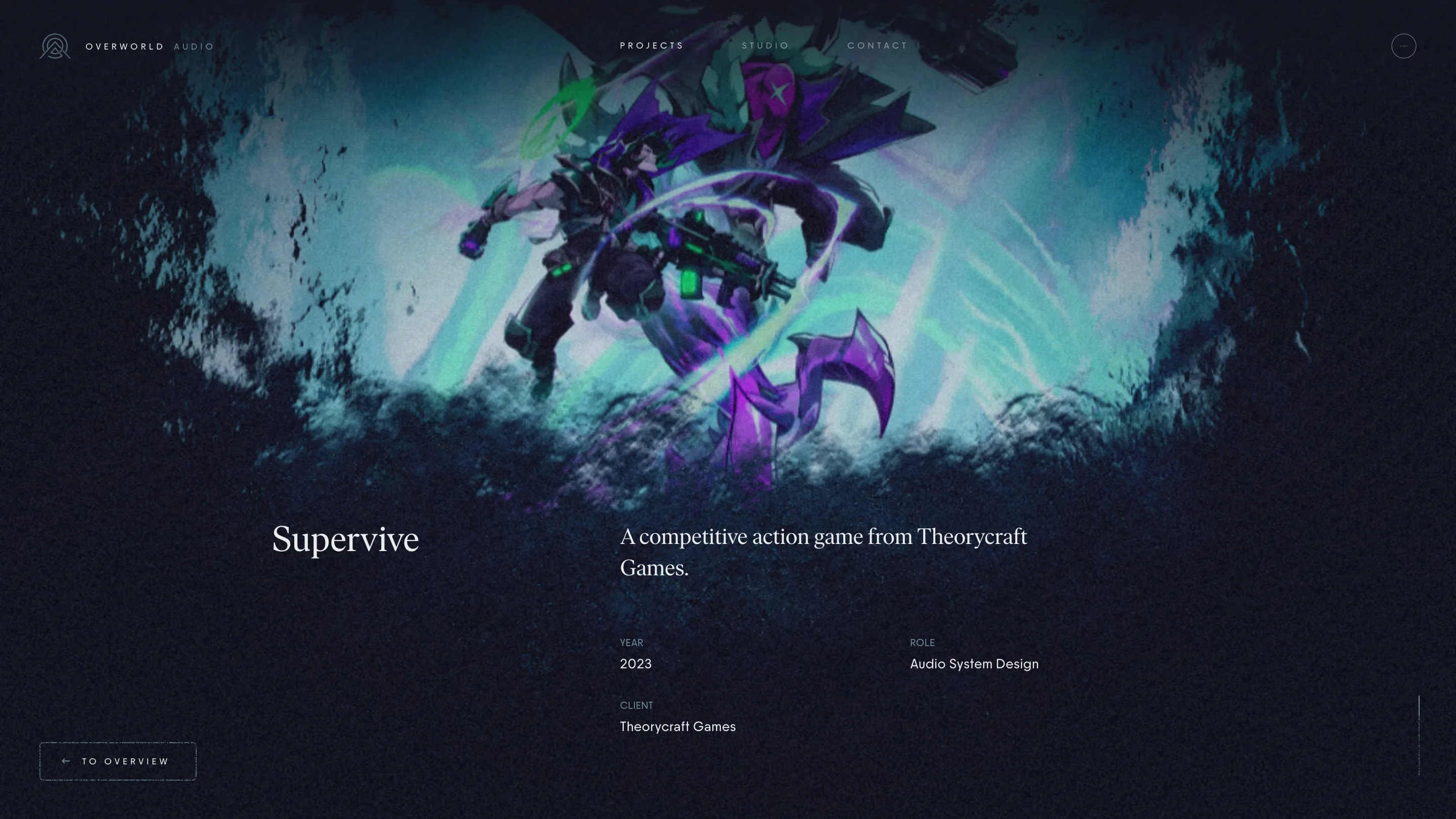 Supervive project page on Overworld Audio, a torn-edged game artwork banner over a dark page with the title in a serif and year, client and role below