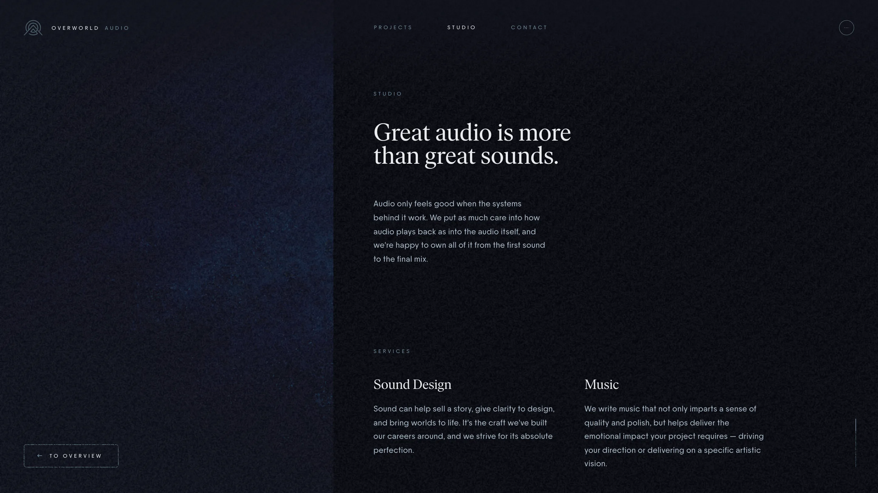 Overworld Audio studio page, a serif headline reading Great audio is more than great sounds over short paragraphs on services in a dark panel