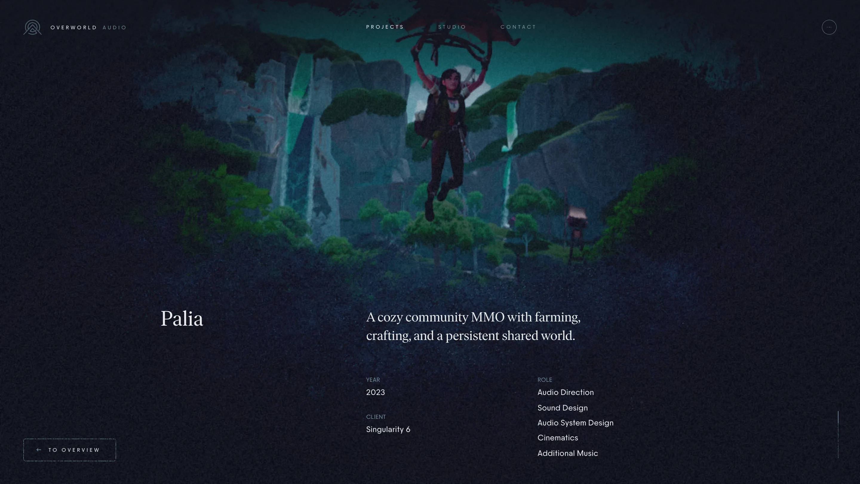 Palia project page on Overworld Audio, a forest and waterfall scene with a character gliding down, above the title and a list of roles