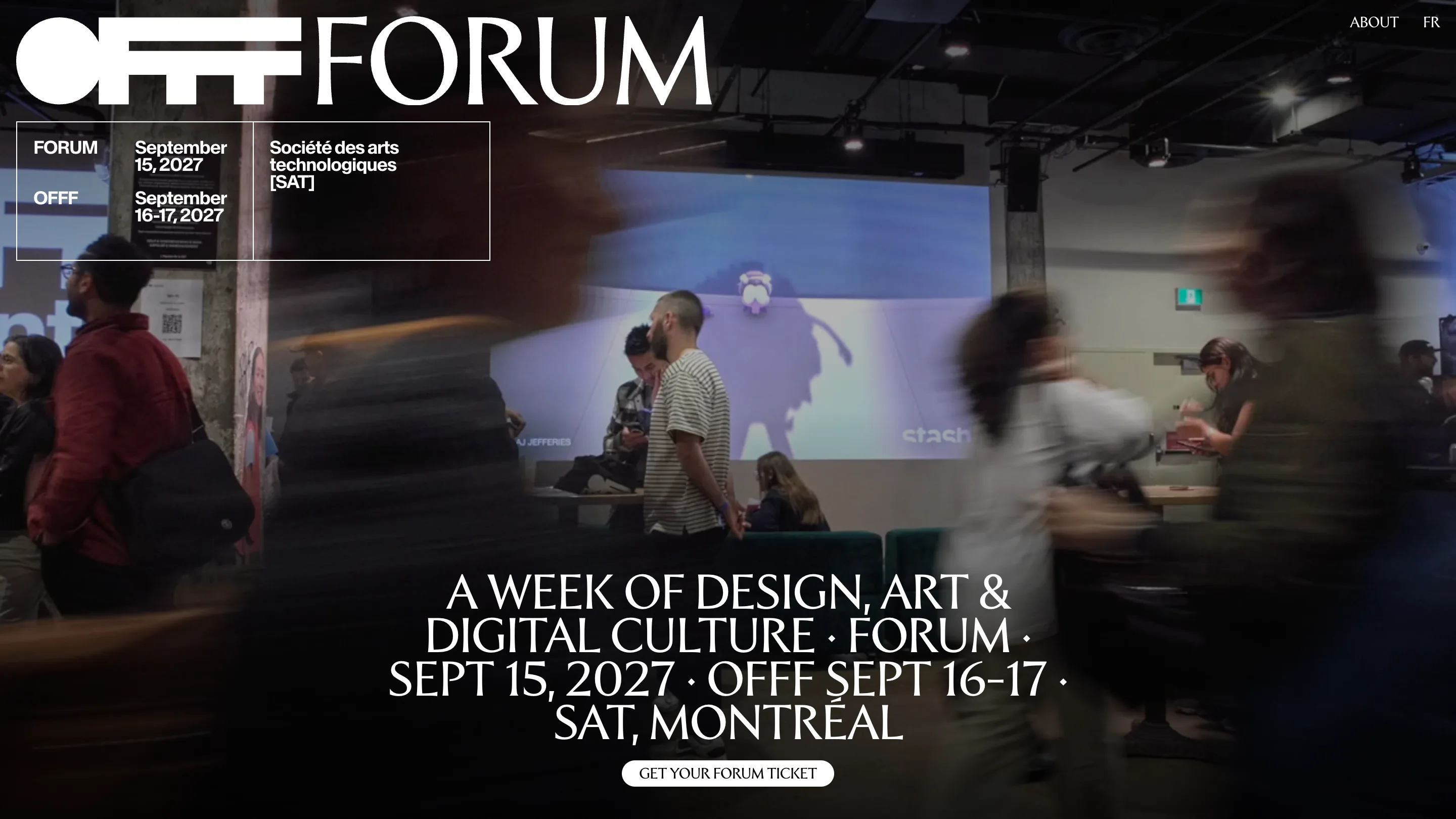 OFFF Forum home page: the OFFF FORUM wordmark over a long-exposure video of a crowd at the SAT in Montréal, with a serif headline and a ticket button