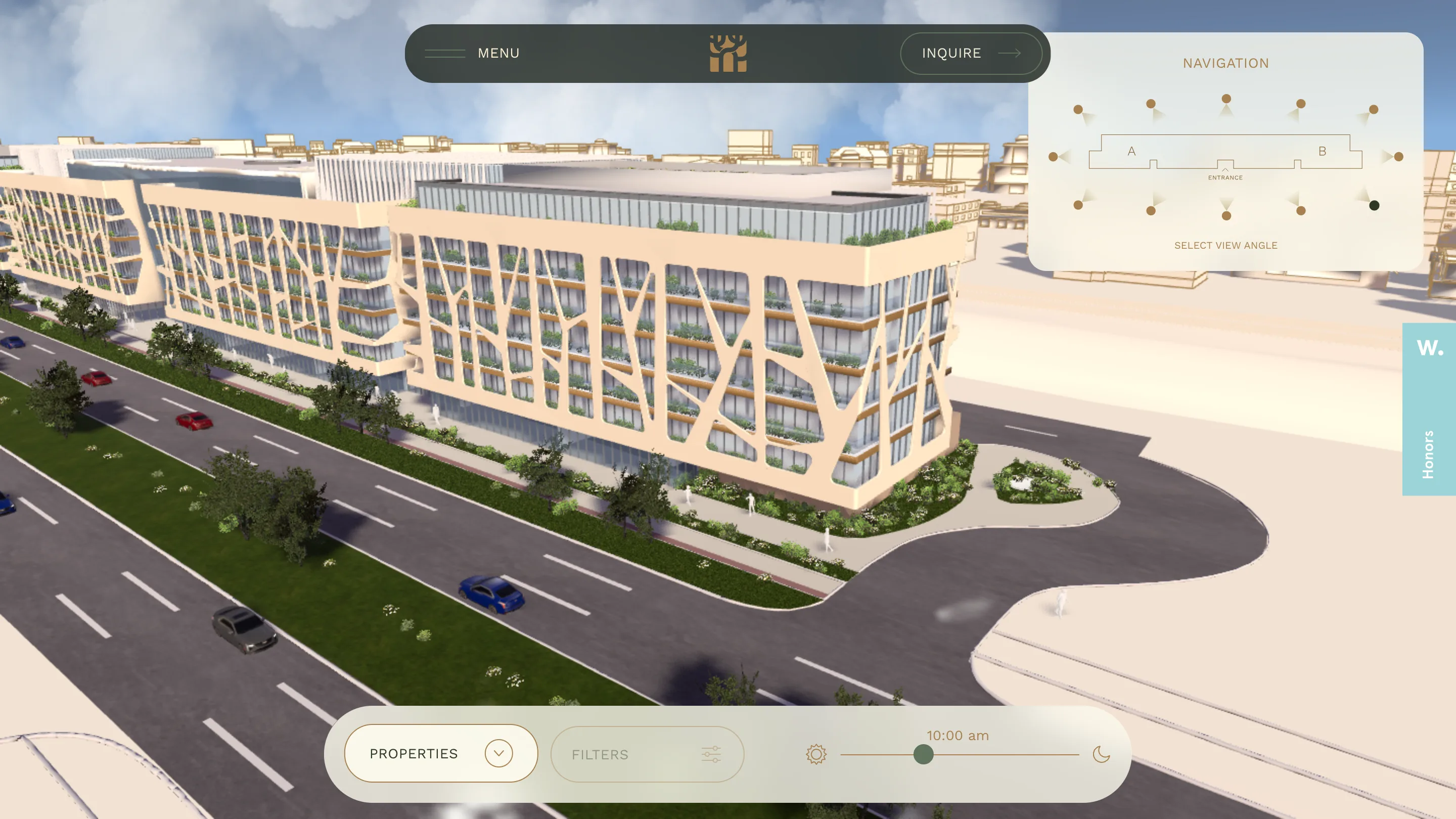 Belgrade Arbor's 3D model of the building on its street, with view-angle controls and a time-of-day slider