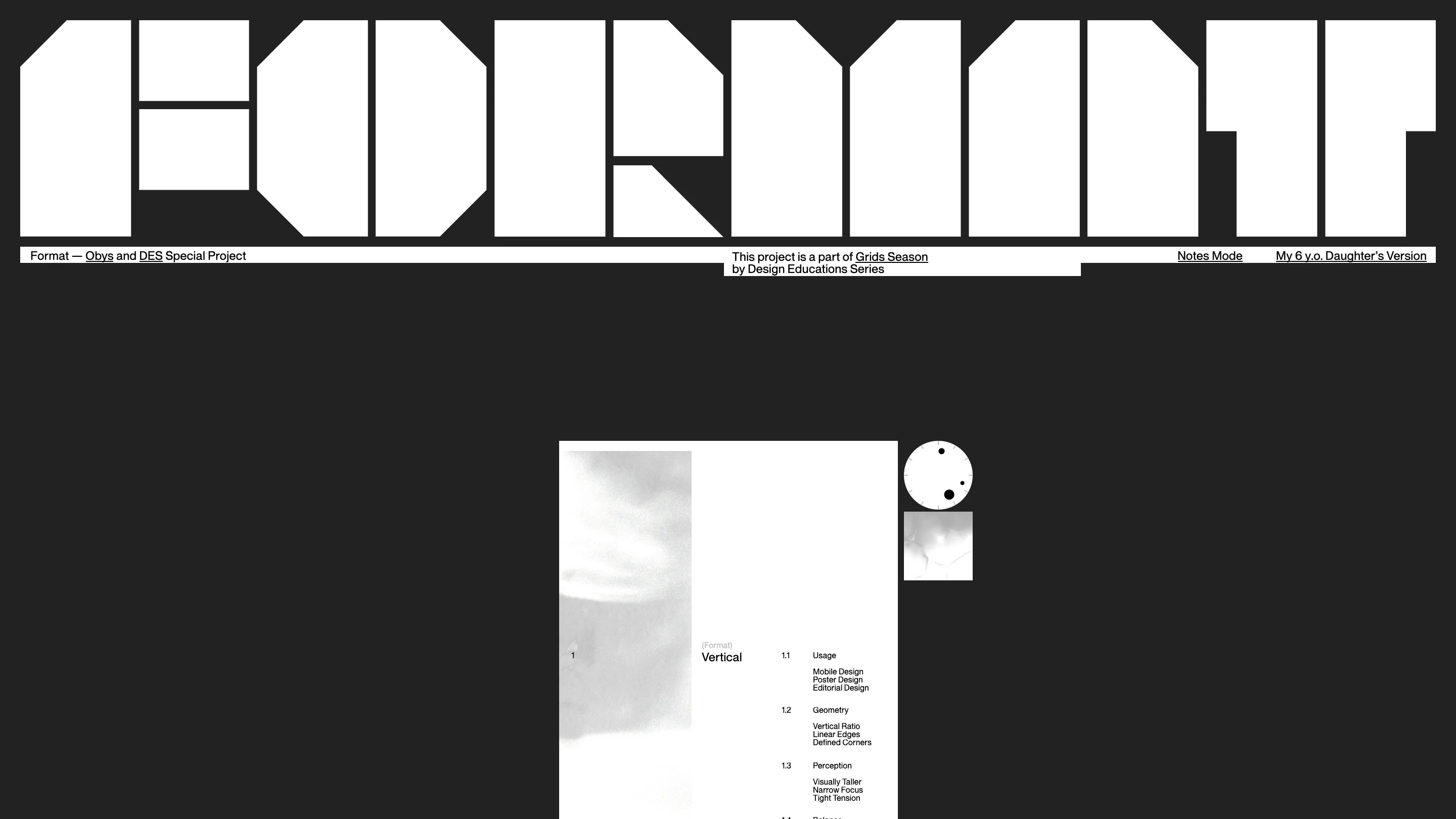 FORMAT's home page: a white wordmark built from flat geometric blocks on a dark ground, above a vertical card with a dial beside it