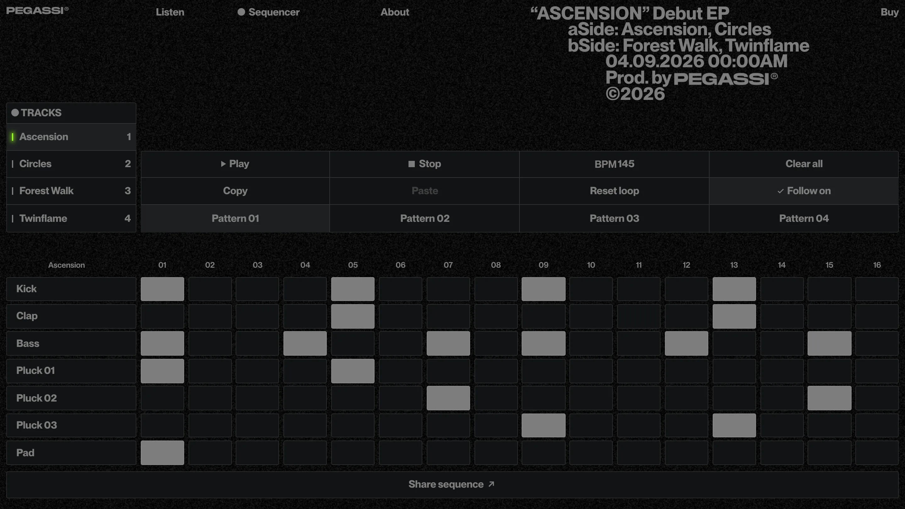 The step sequencer on Pegassi's Ascension EP site, with a 16-step grid for kick, clap, bass, plucks and pad