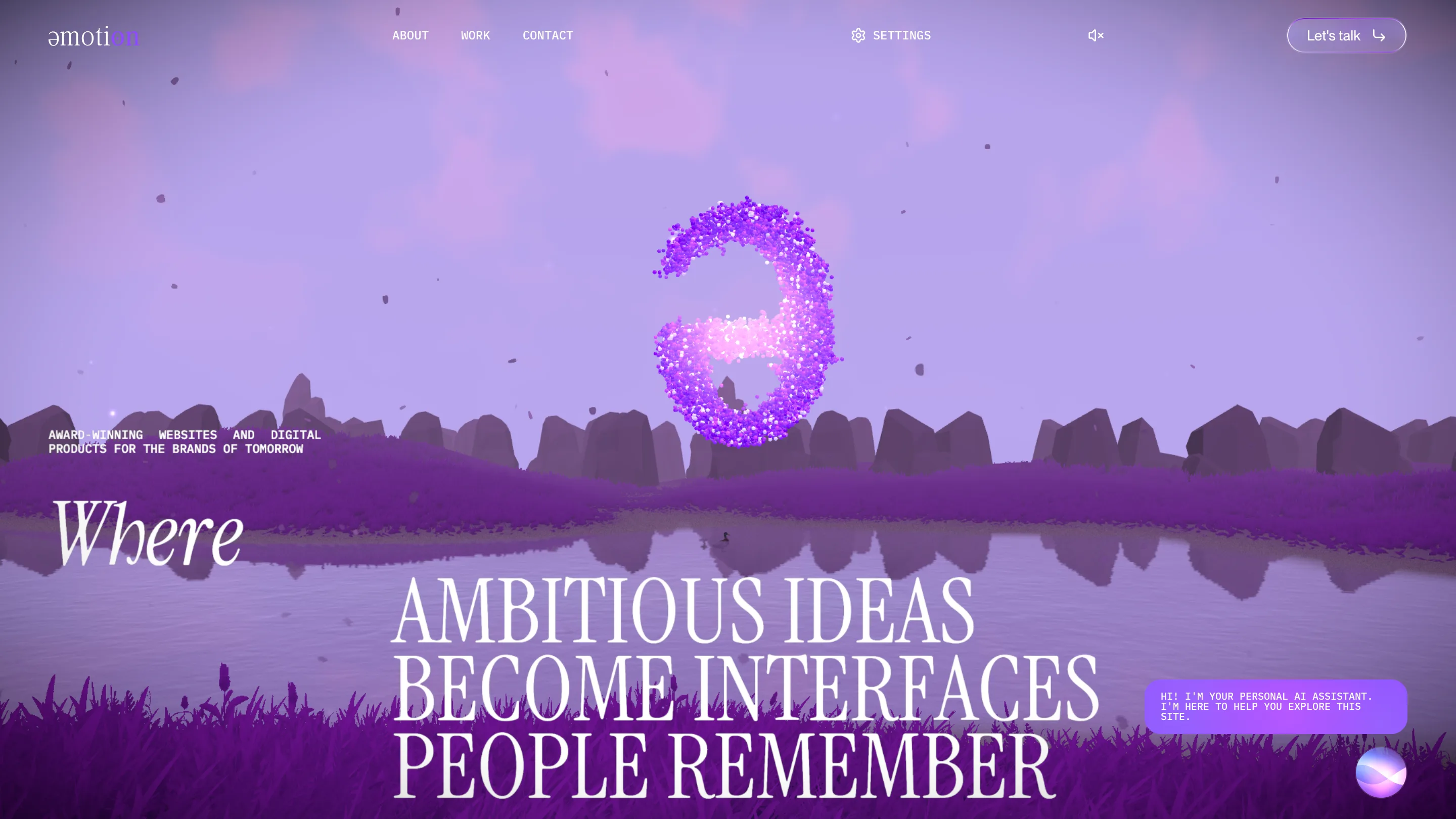Emotion's home page: a purple 3D lake at dusk with a particle schwa over the water and the headline in a condensed serif