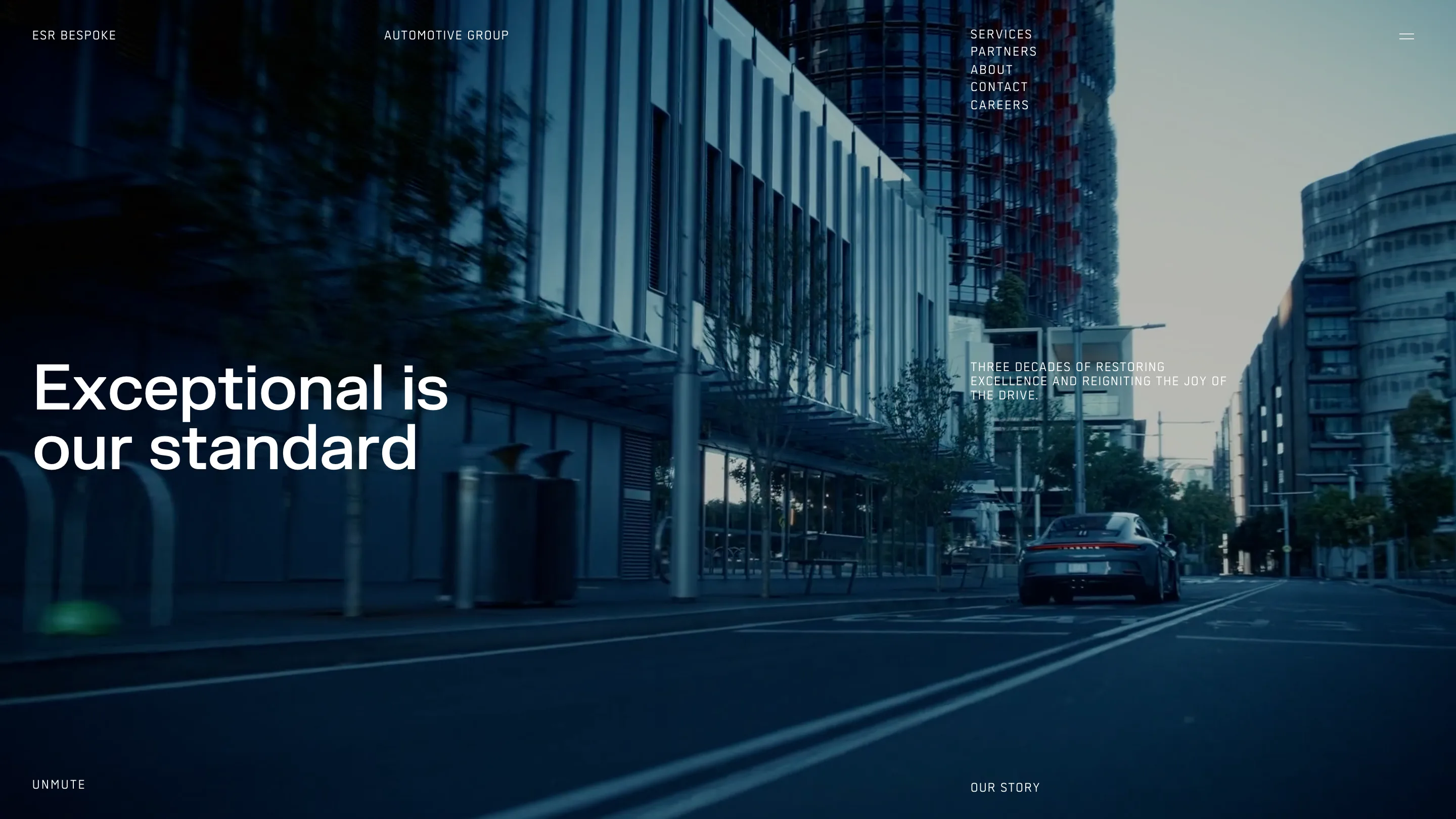 ESR Bespoke home page hero with the headline Exceptional is our standard over a video of a Porsche 911 on a city street at dusk