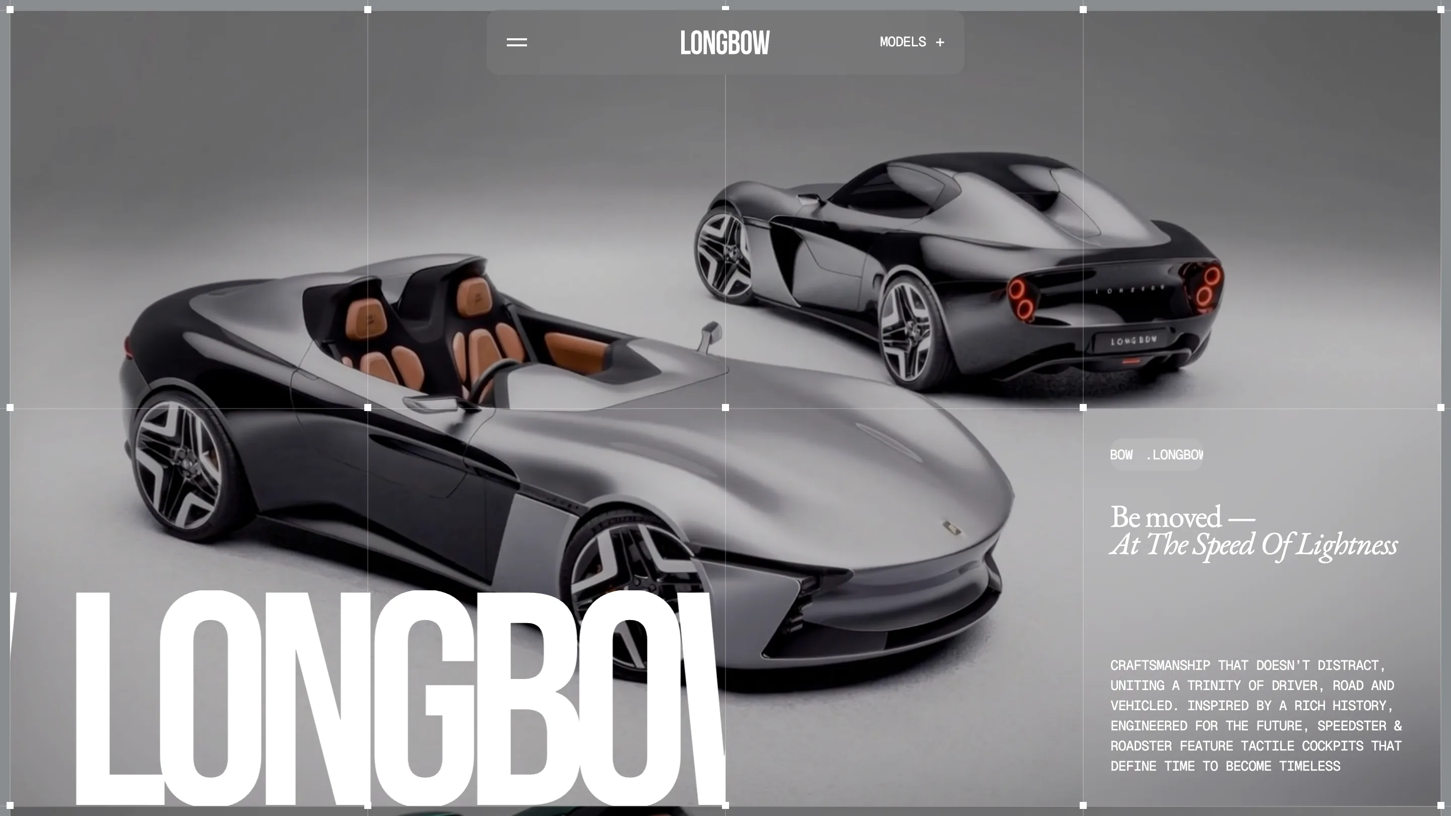 Longbow Motors homepage in monochrome, with a large headline reading Be Moved At The Speed Of Lightness over an atmospheric photo of a British electric sports car