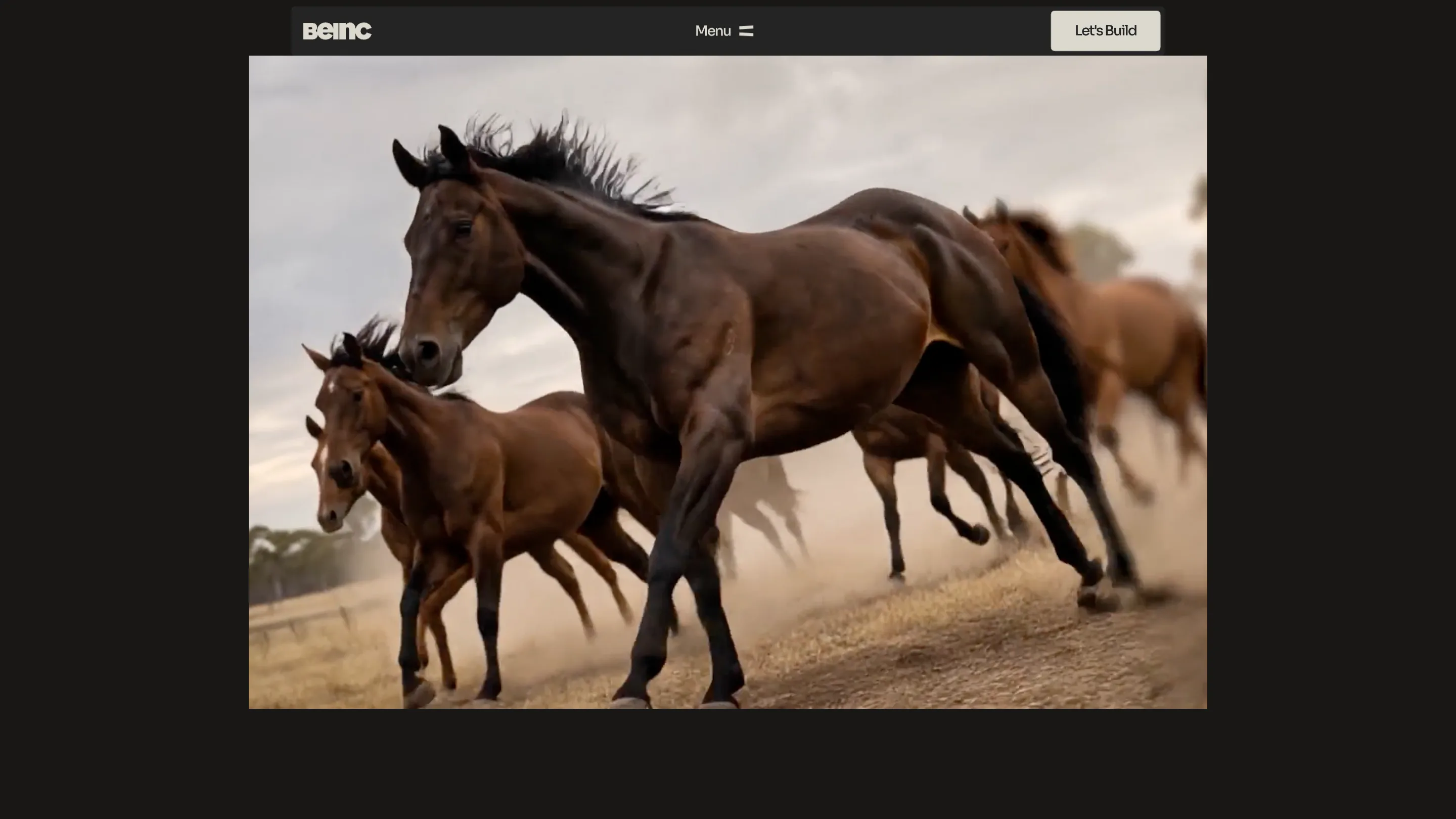 Beinc's redesigned homepage: a full-bleed photo of galloping horses under a dark header with the Beinc wordmark and a Let's Build button