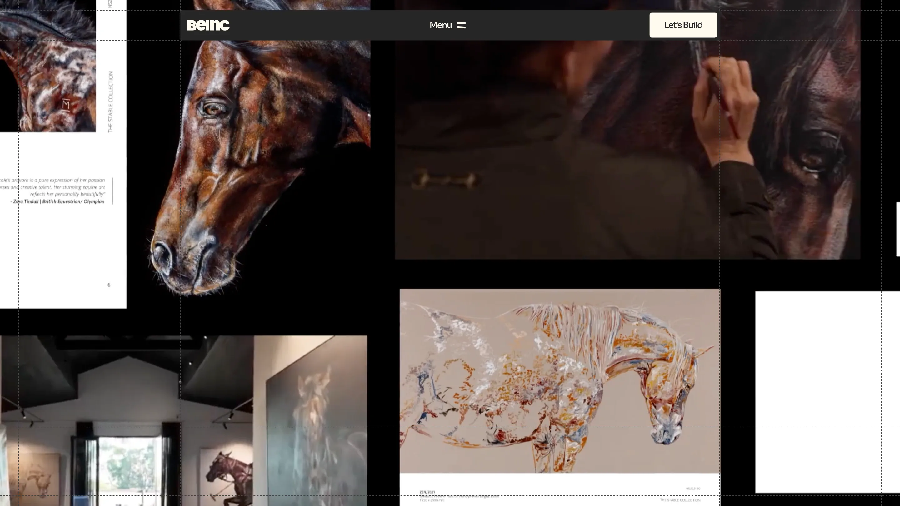 Case-study collage of Beinc's equestrian brand work: horse paintings, a gallery wall, and a glass sculpture