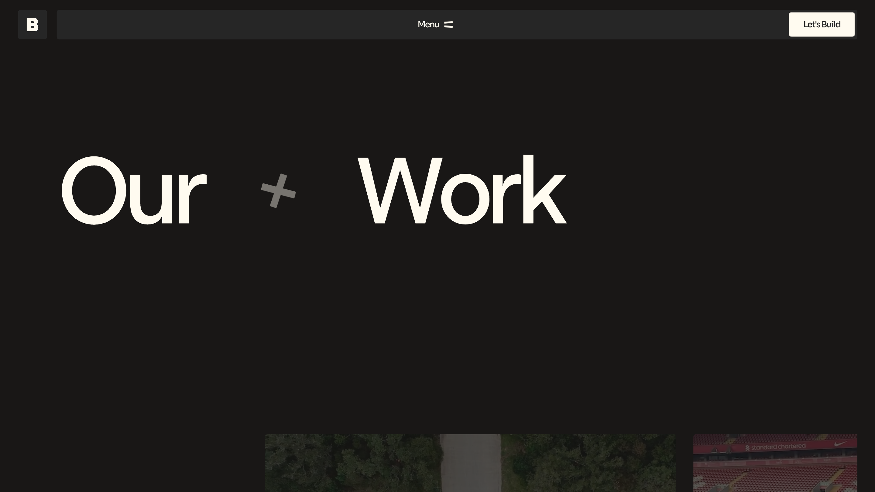 Beinc's redesigned homepage, the words Our and Work in large grotesk type on near-black