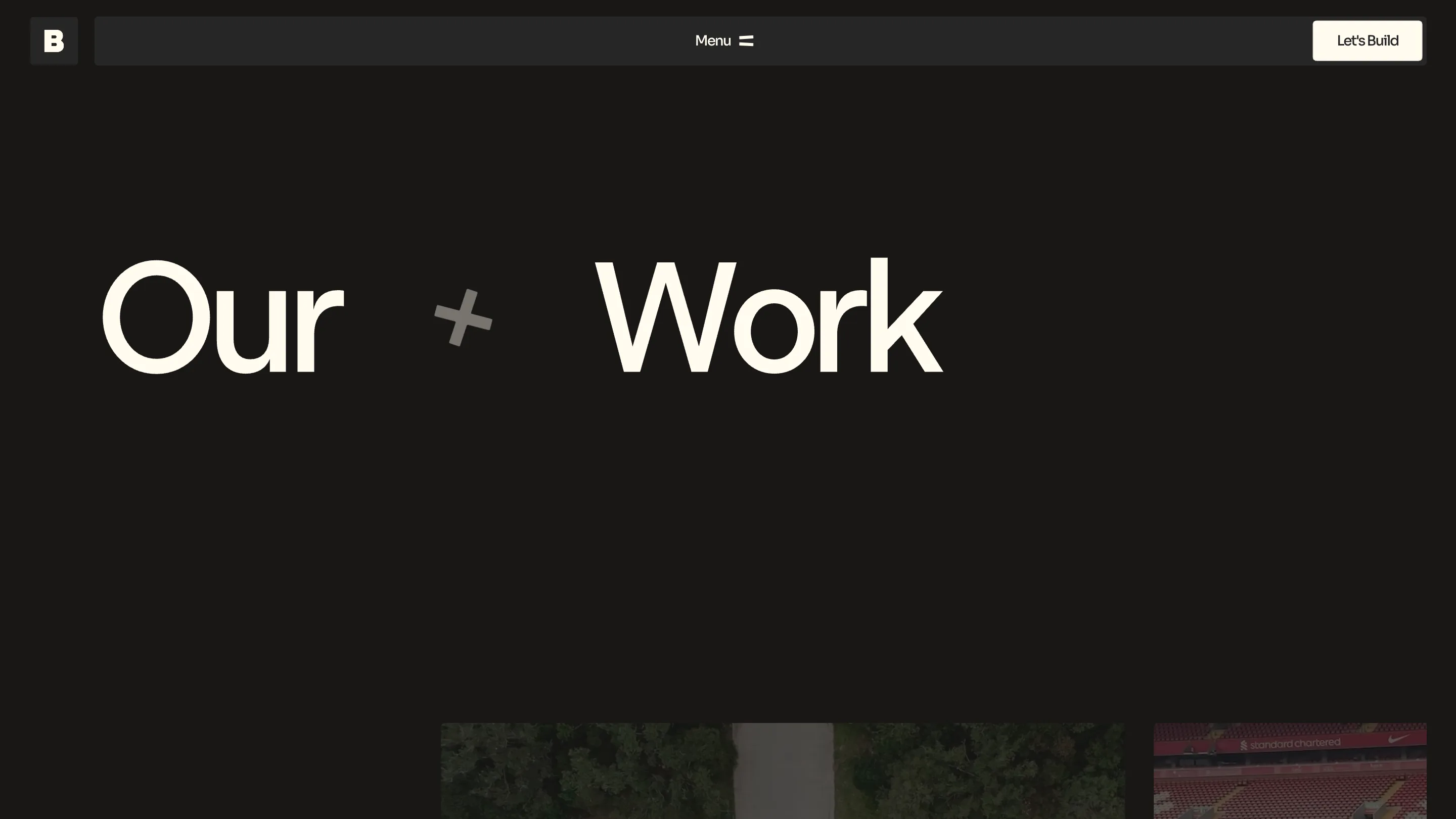 Beinc's redesigned homepage, the words Our and Work in large grotesk type on near-black