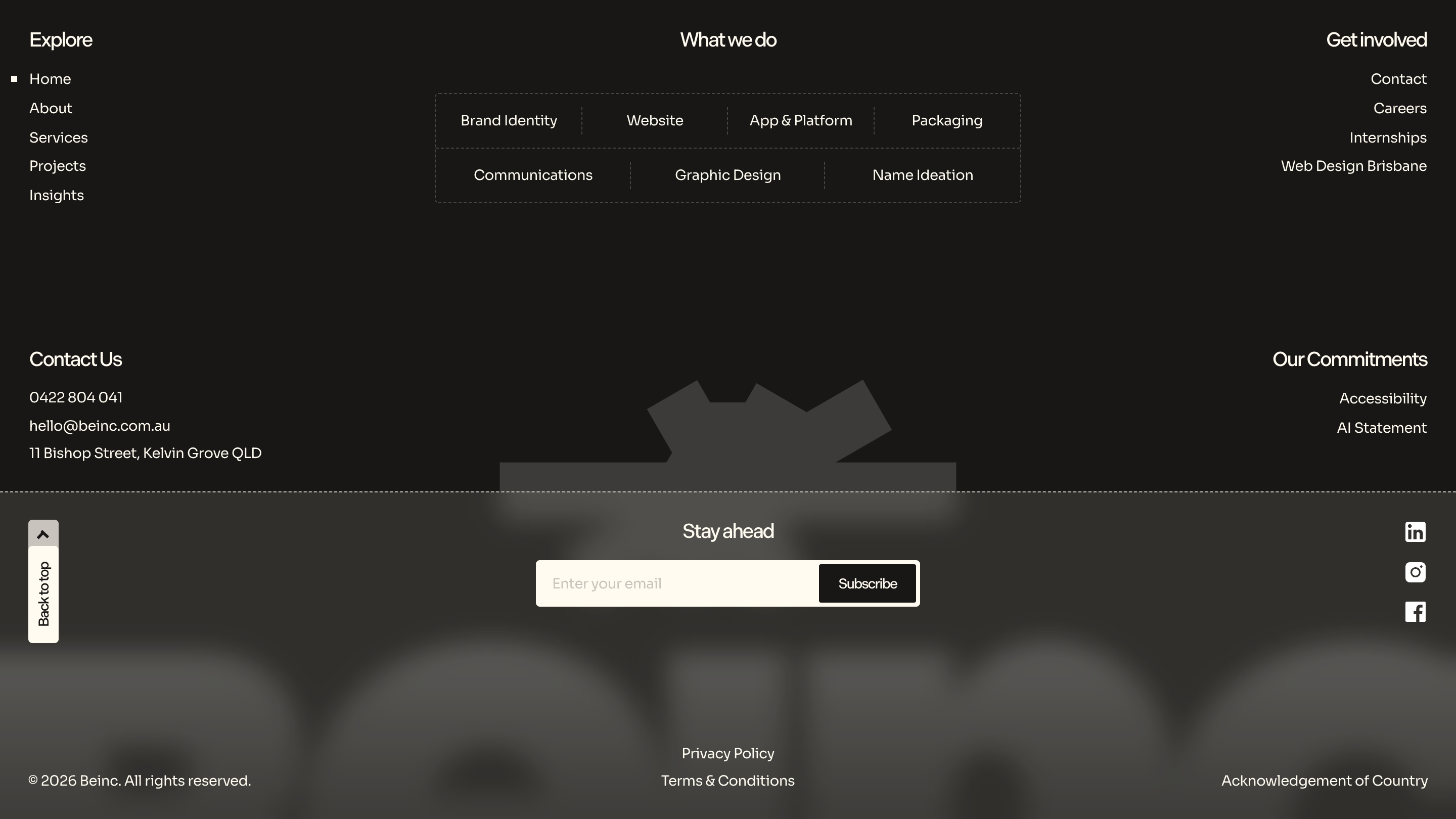 Beinc's site footer listing services and an AI Statement under Our Commitments