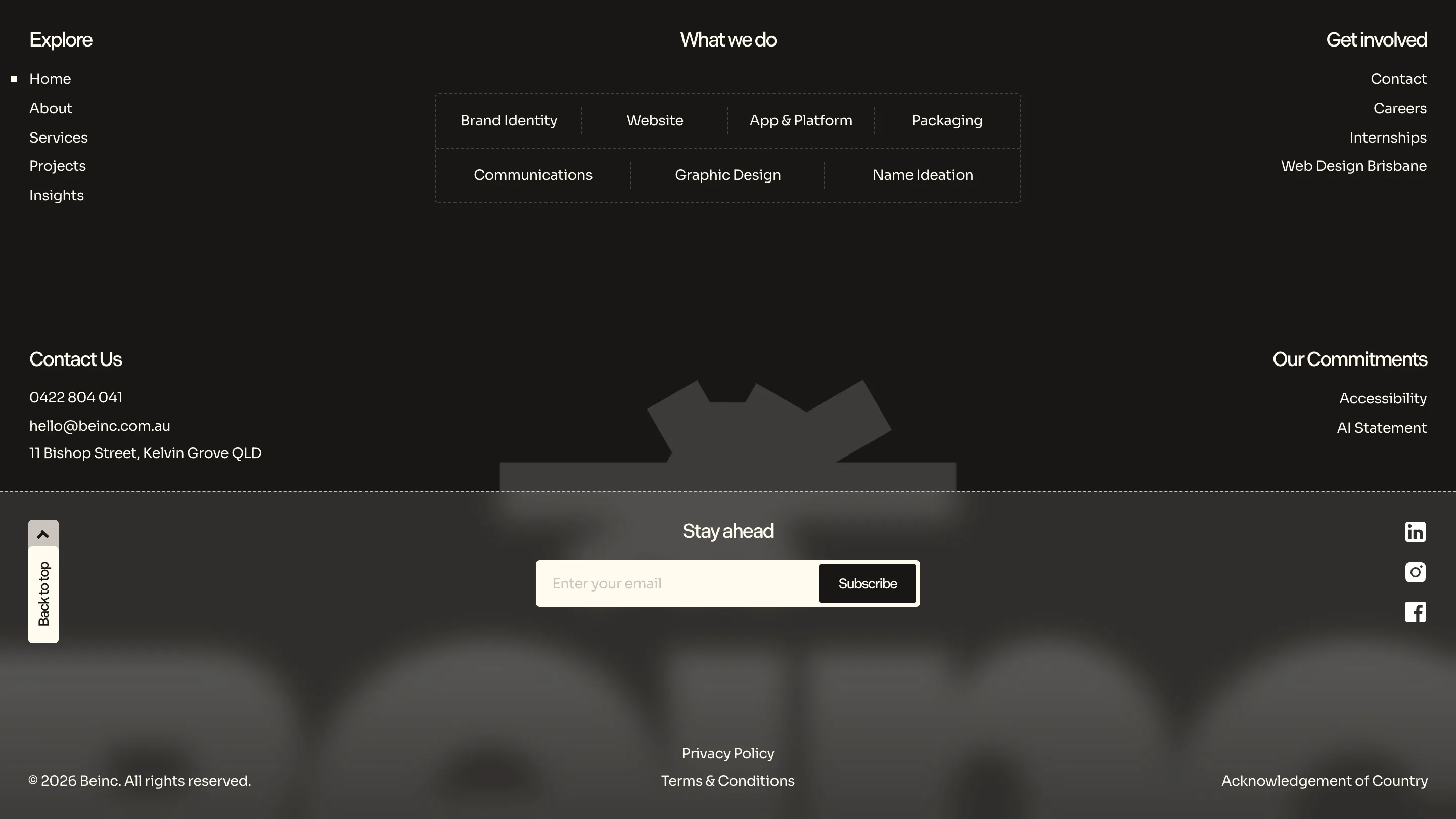 Beinc's site footer listing services and an AI Statement under Our Commitments