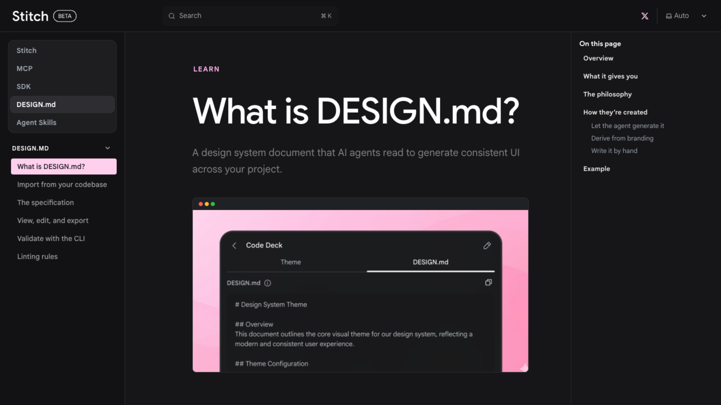 The "What is DESIGN.md?" page in Google Stitch's documentation, a dark UI with pink accents, describing a design system document that AI agents read to generate consistent UI.