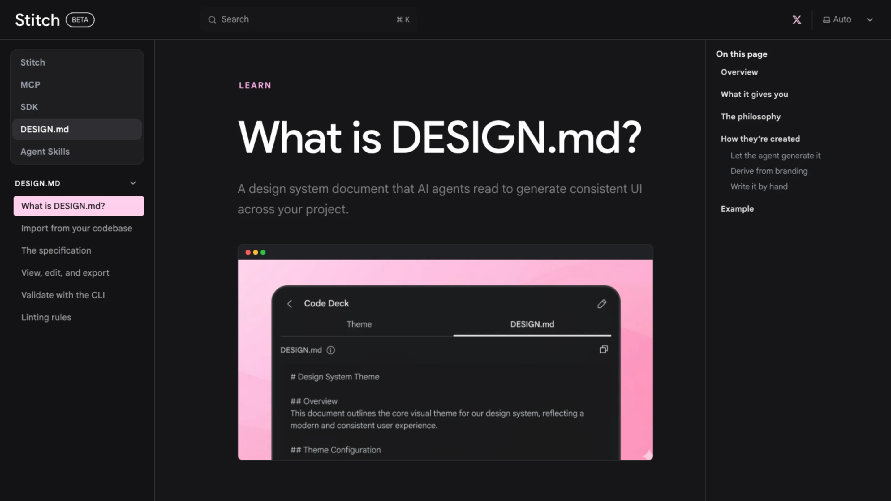 The "What is DESIGN.md?" page in Google Stitch's documentation, a dark UI with pink accents, describing a design system document that AI agents read to generate consistent UI.