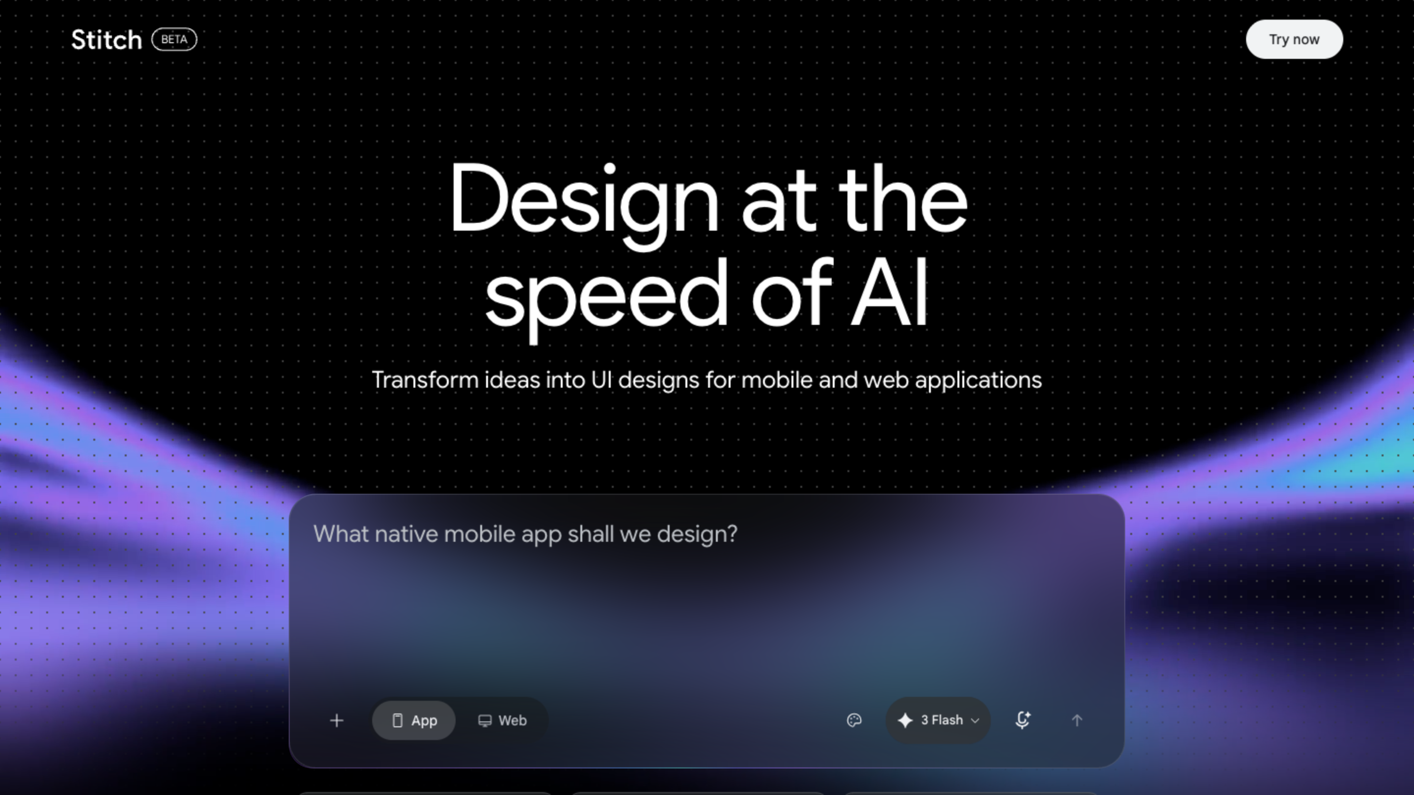 The Google Stitch home page, with the headline "Design at the speed of AI" over a purple aurora, and a prompt box asking what native mobile app to design.