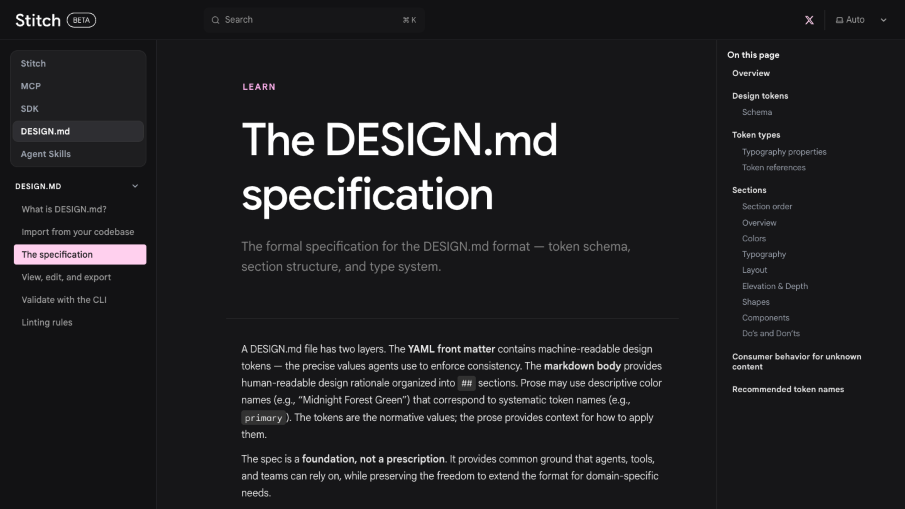 The DESIGN.md specification page in the Stitch docs, dark UI with a pink accent, explaining that a file has two layers: YAML front matter and a markdown body.