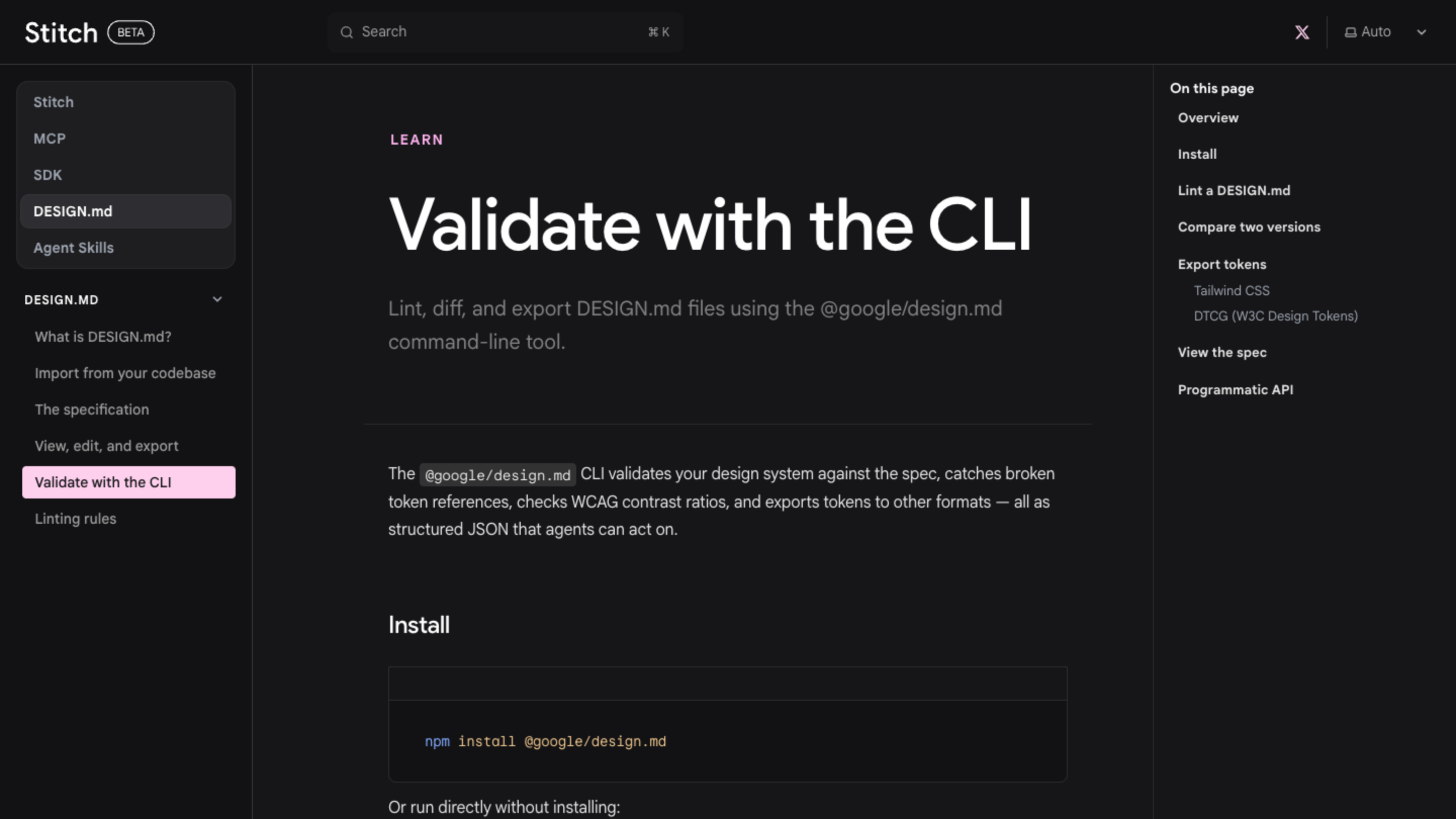 The "Validate with the CLI" page in the Stitch docs, showing the npm install command for the @google/design.md command-line tool.