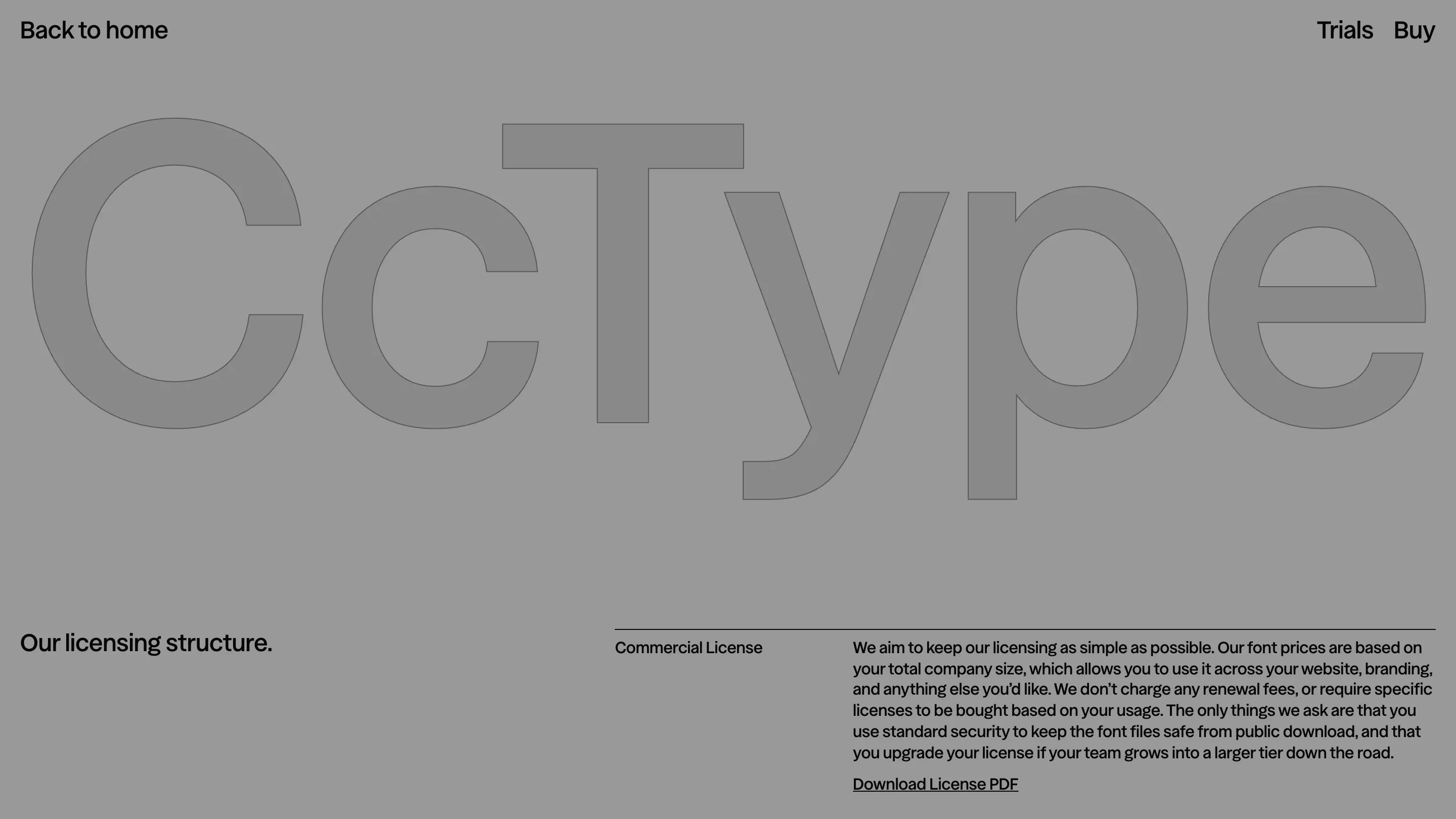 CcType's licensing page, headed "Our licensing structure", explaining that font prices are based on total company size with no renewal fees
