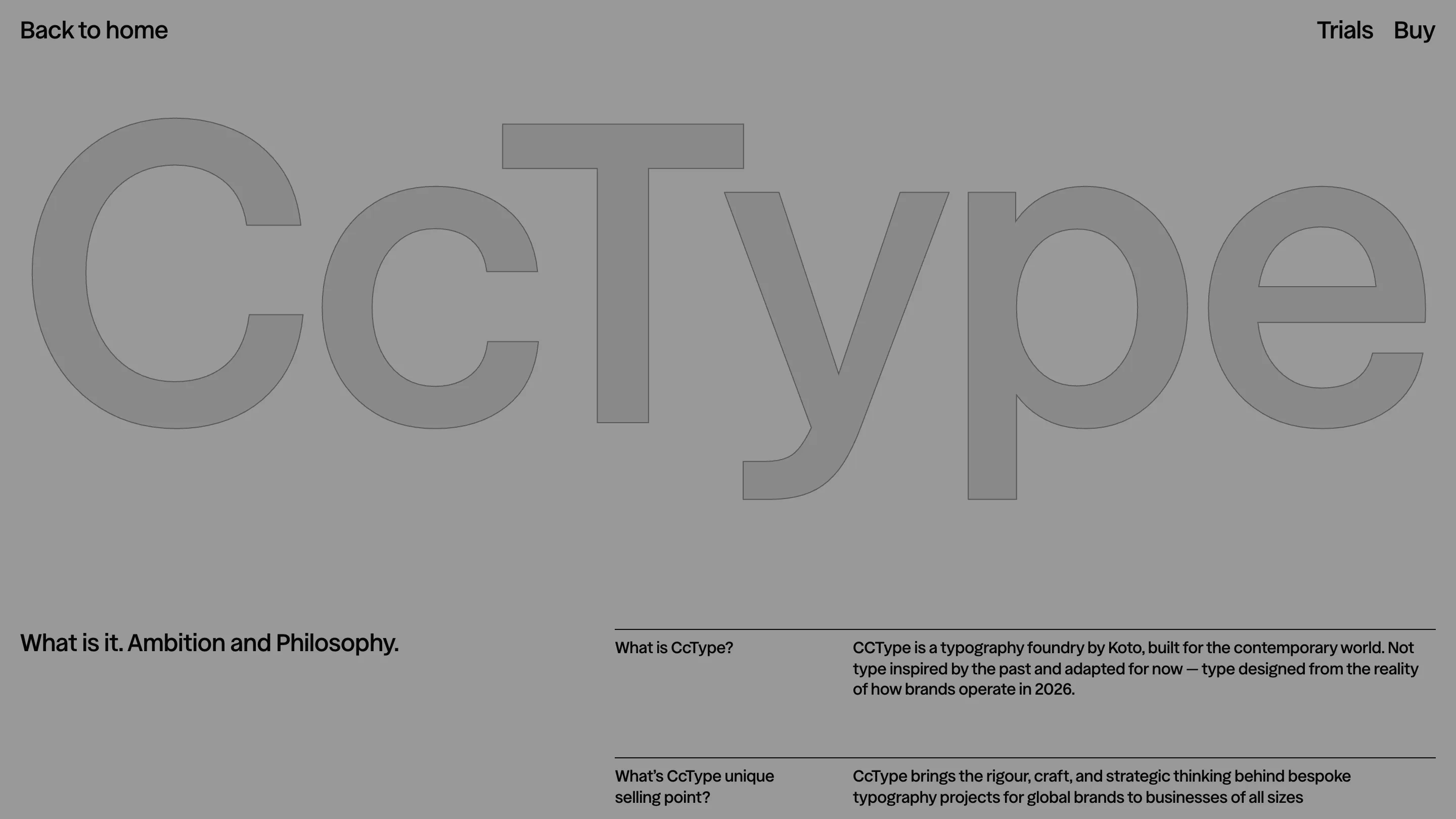 CcType's "What is it. Ambition and Philosophy" page, with the CcType wordmark in outline and Q&A copy explaining the foundry is by Koto