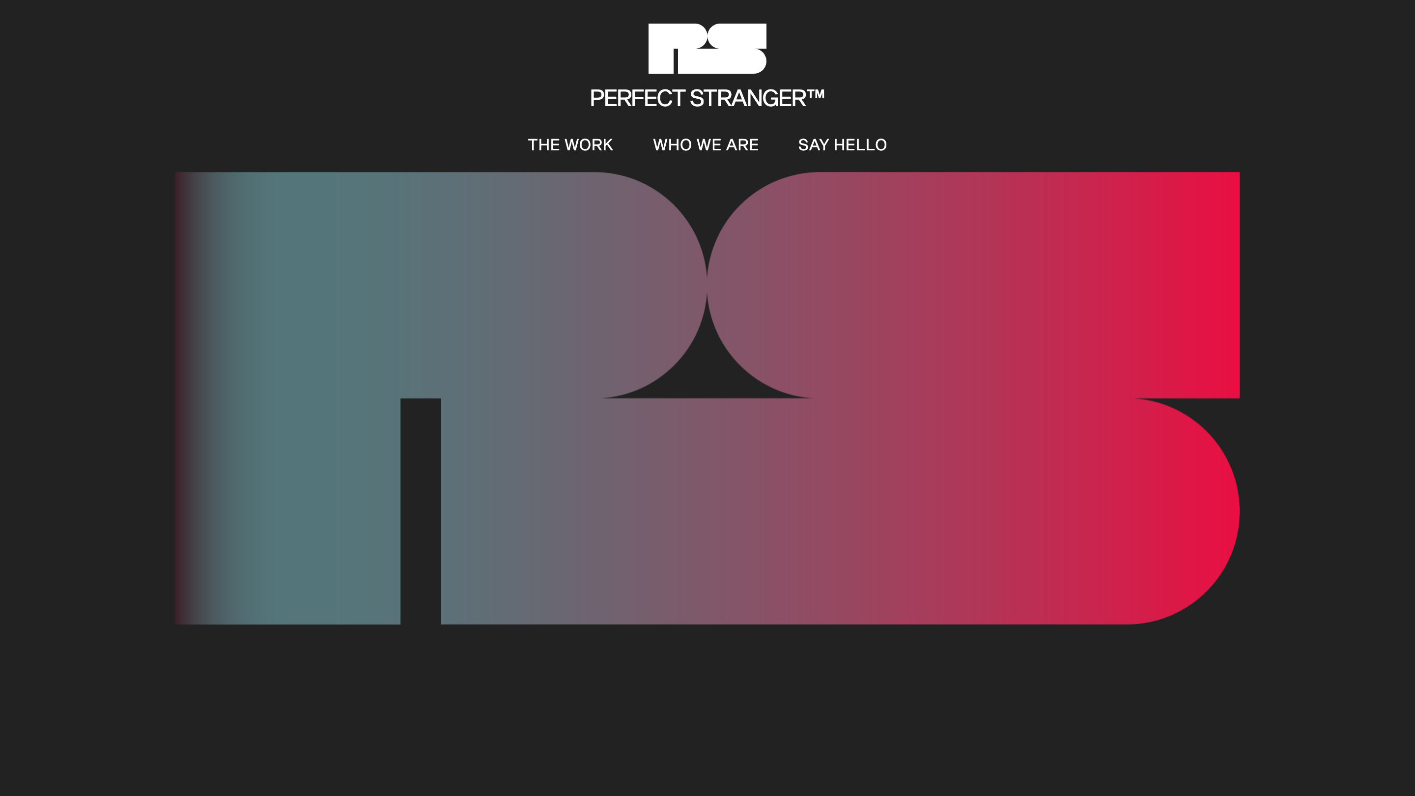 The Perfect Stranger homepage: a large PS monogram in a blue-to-red gradient on near-black, with the wordmark and nav above it.
