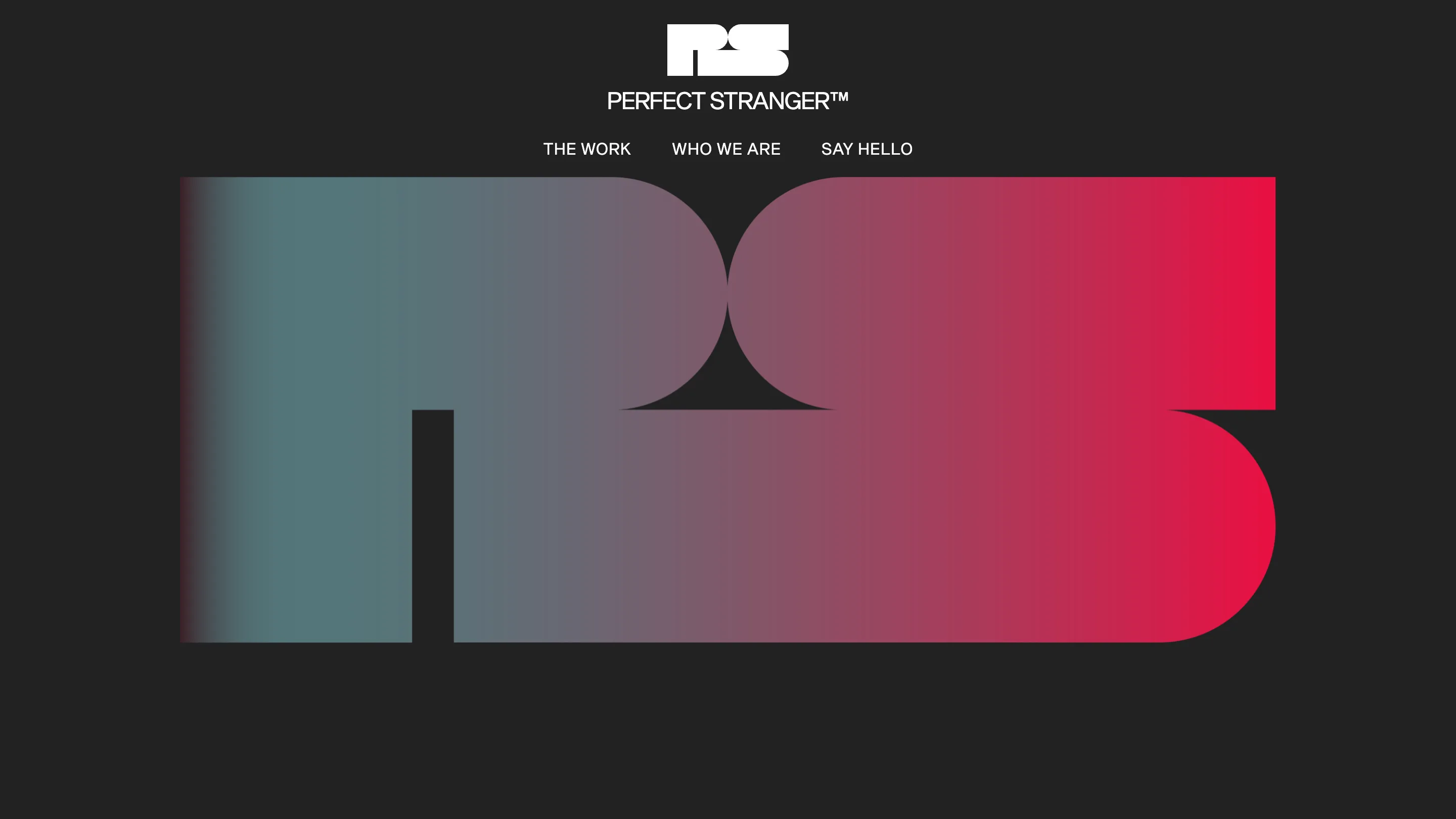 The Perfect Stranger homepage: a large PS monogram in a blue-to-red gradient on near-black, with the wordmark and nav above it.