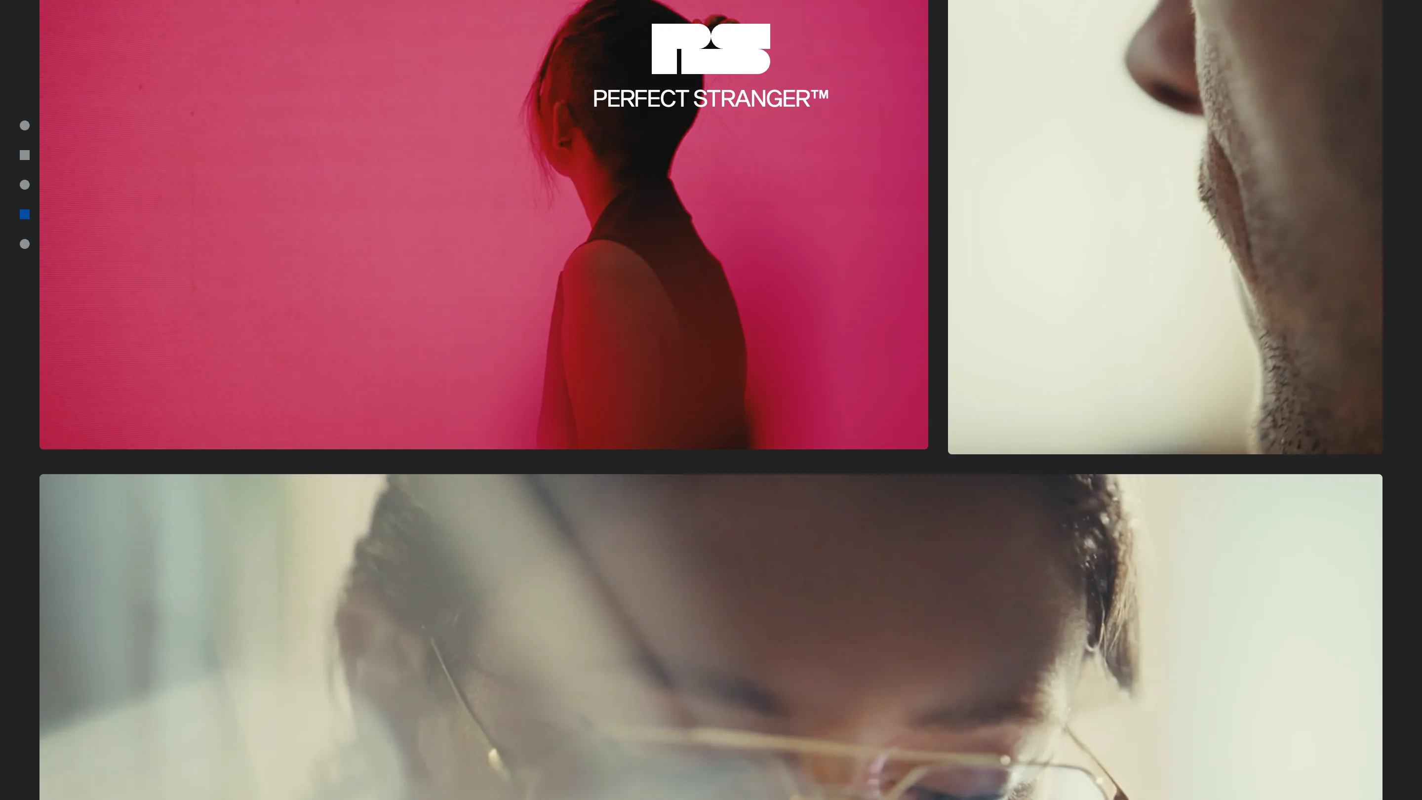 Film stills from Perfect Stranger's site: the studio leads with brand, then shoots and edits in-house.
