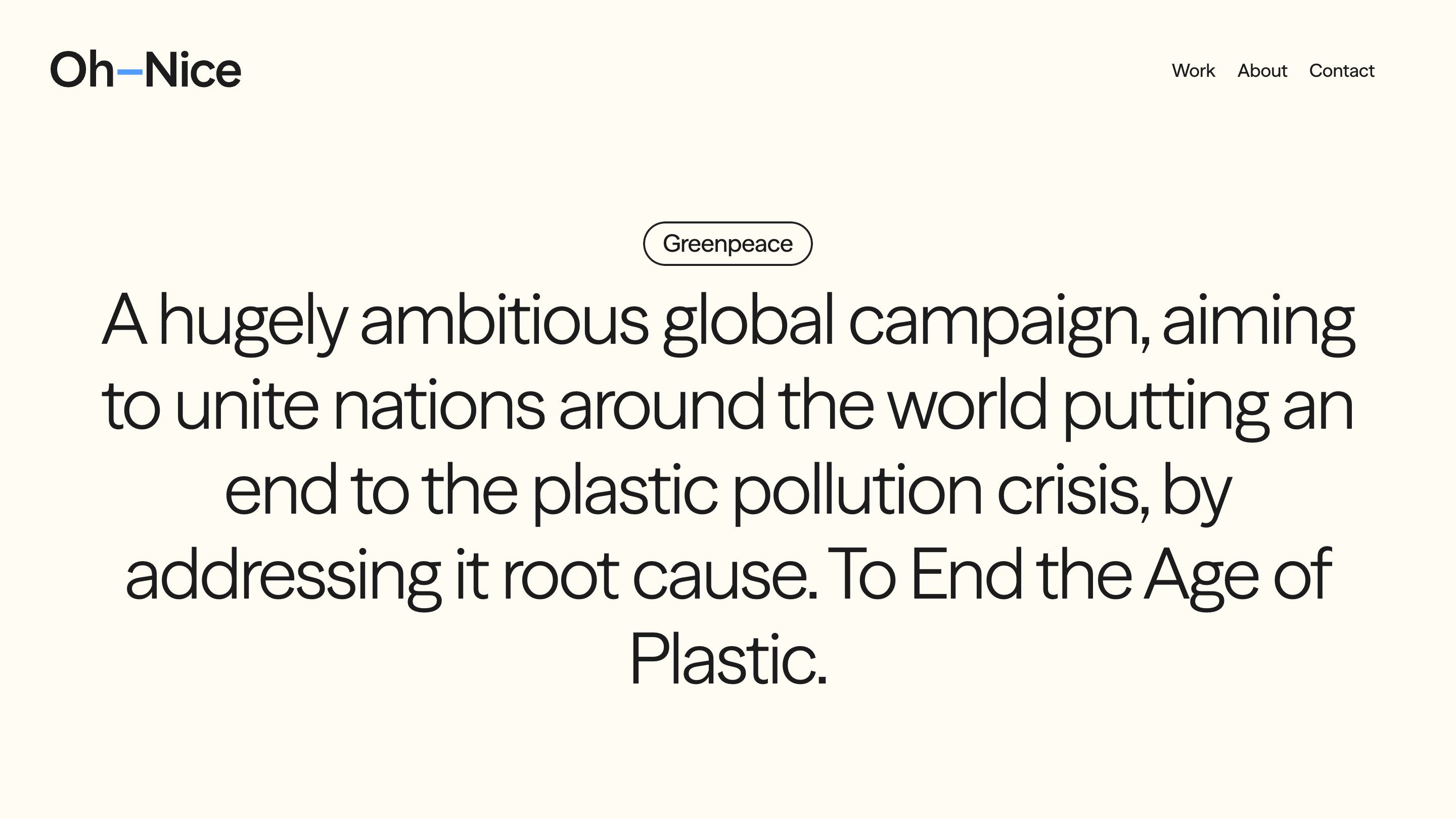 The Greenpeace case study opening on a centred statement about the plastic treaty campaign