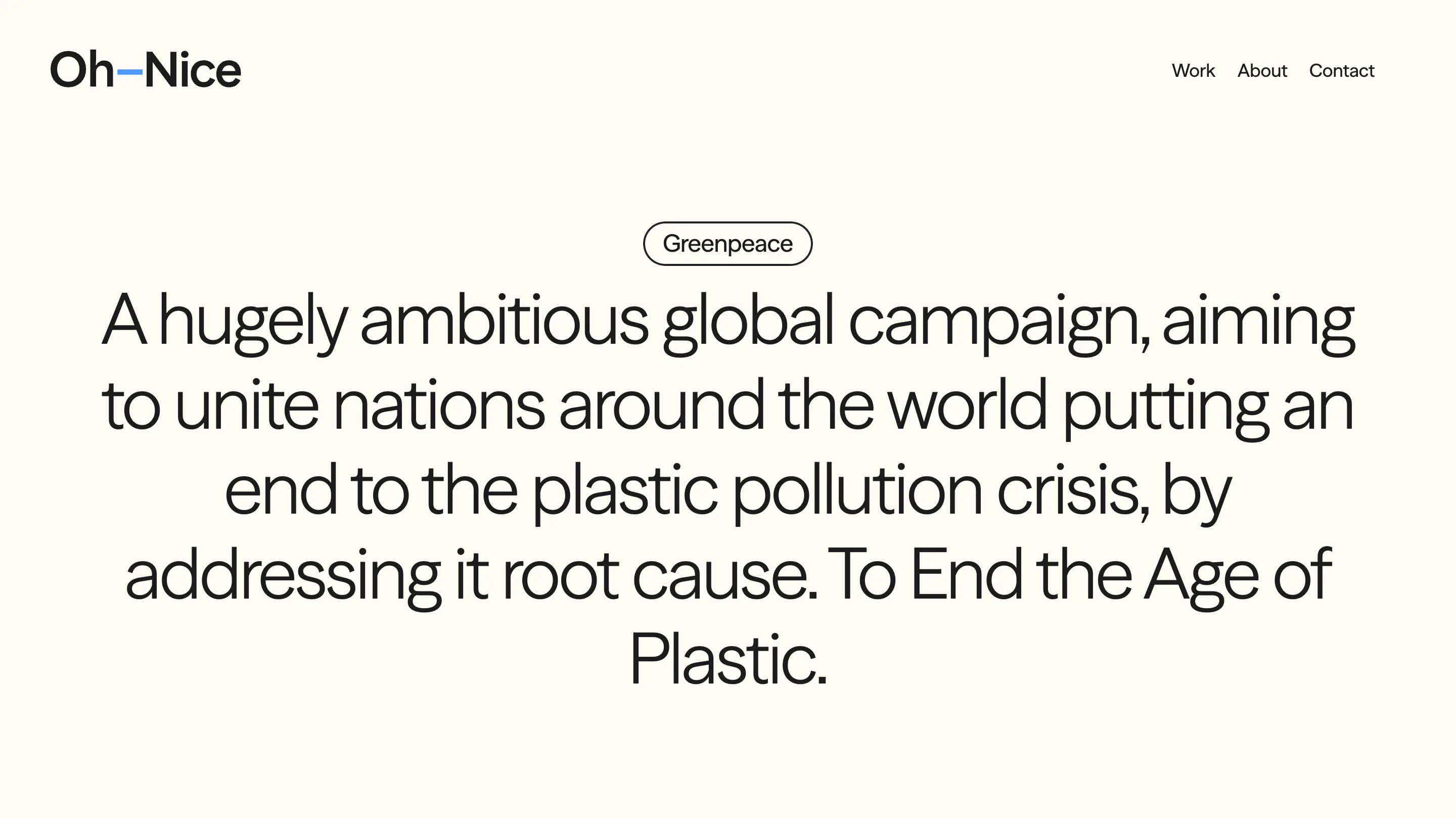 The Greenpeace case study opening on a centred statement about the plastic treaty campaign