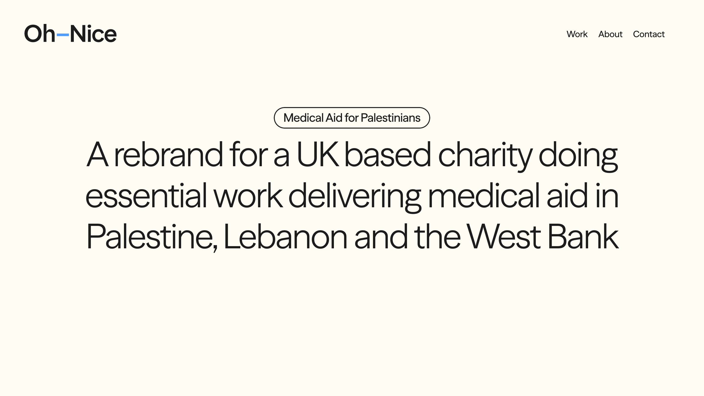 The Medical Aid for Palestinians case study opening with a client chip and a large paragraph of grotesk, no image
