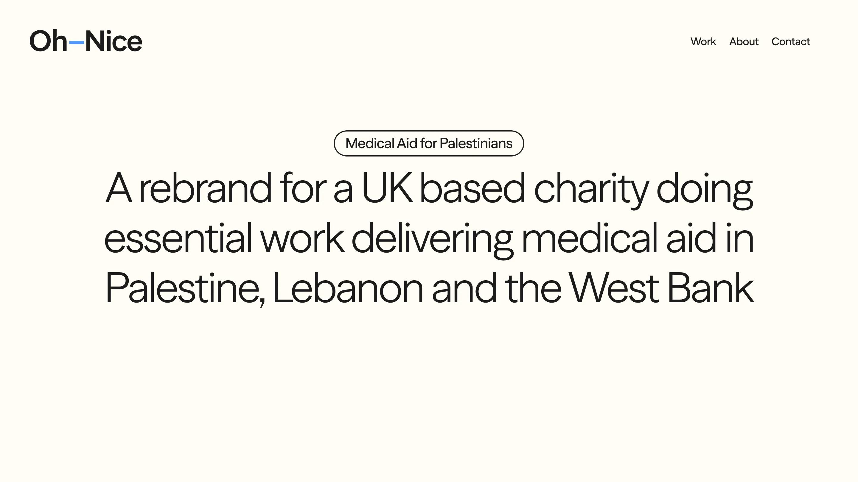 The Medical Aid for Palestinians case study opening with a client chip and a large paragraph of grotesk, no image