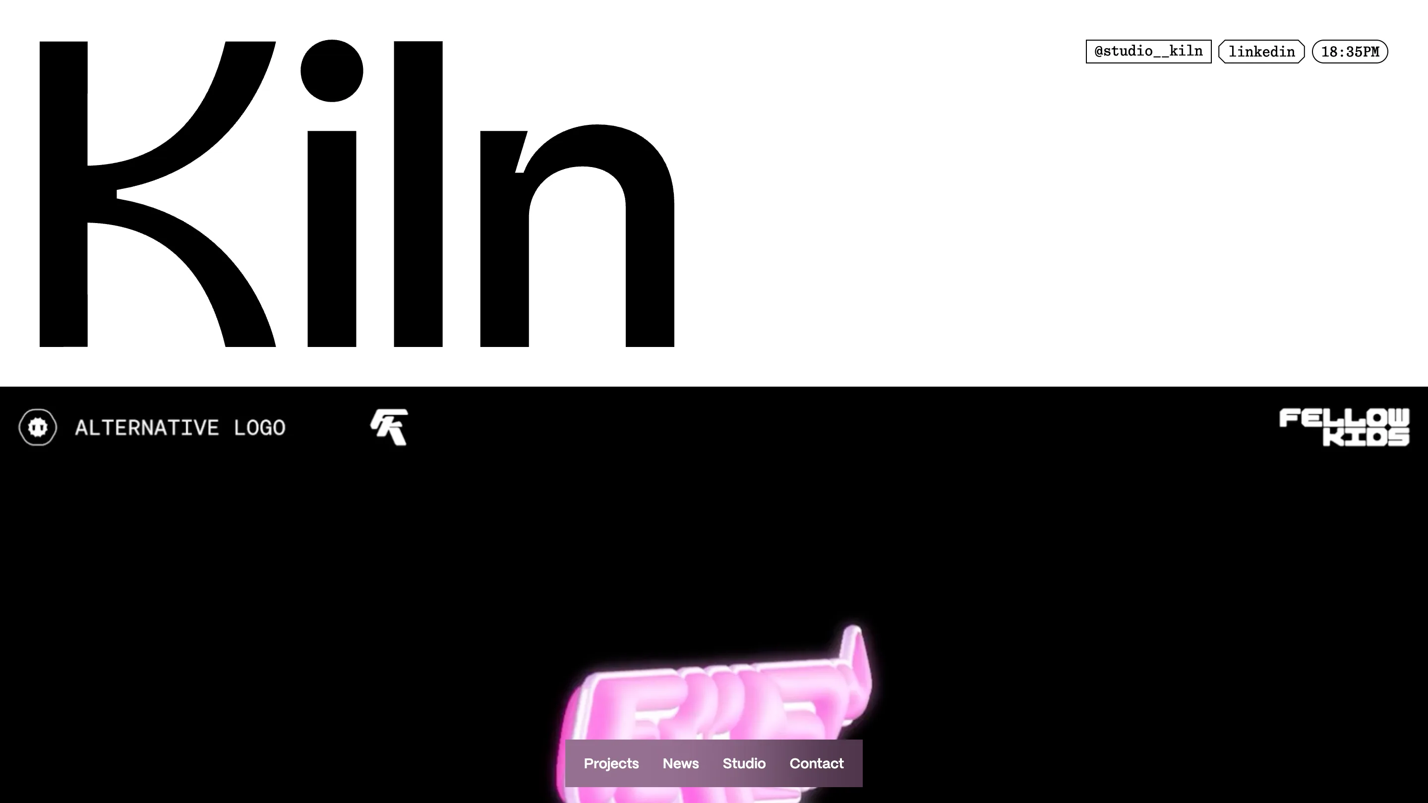 Studio Kiln's home page, the word Kiln set very large in black on white above the Fellow Kids project