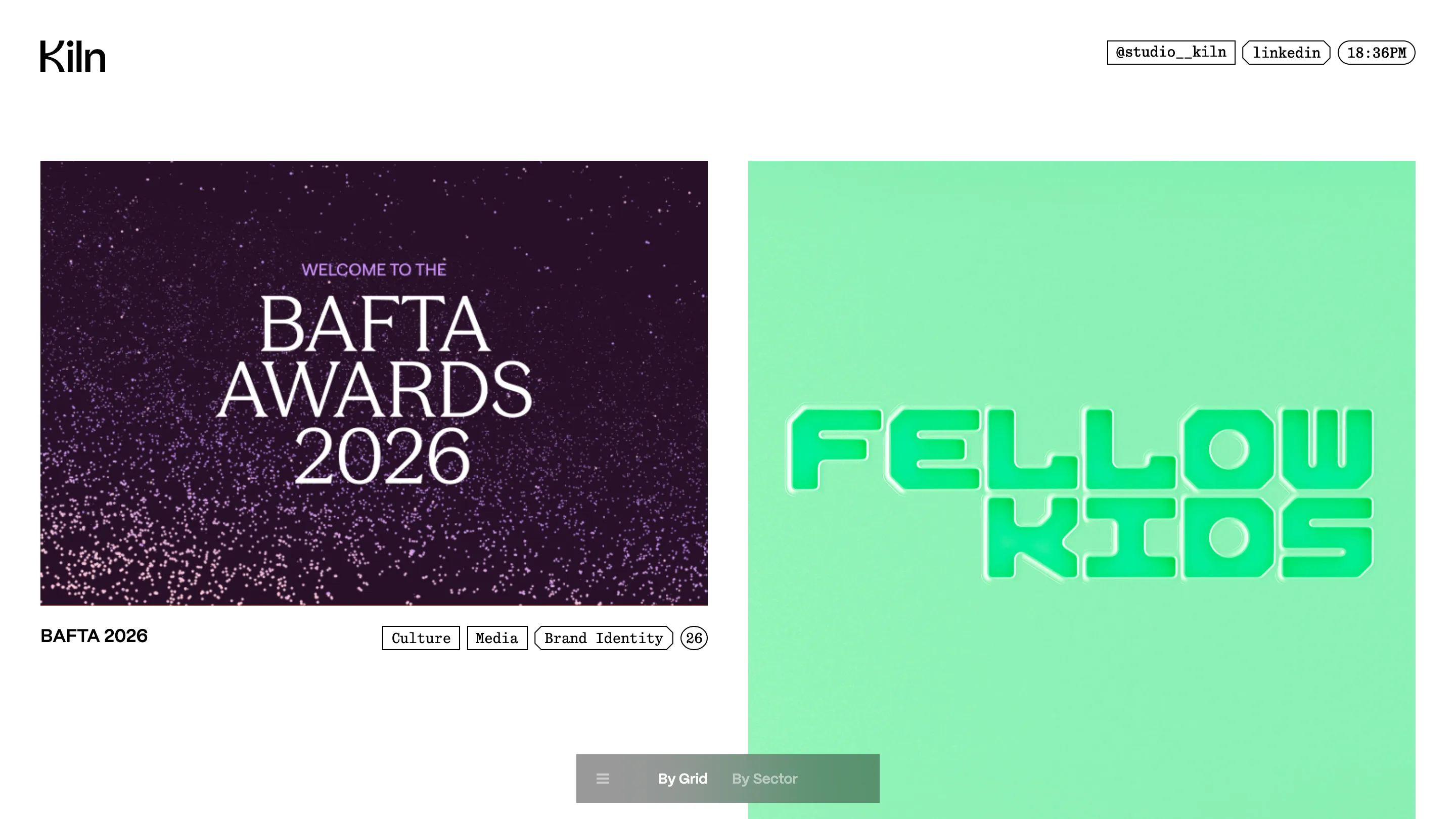 Studio Kiln's project index, showing the BAFTA 2026 case study card with pink and purple particles on a deep aubergine field
