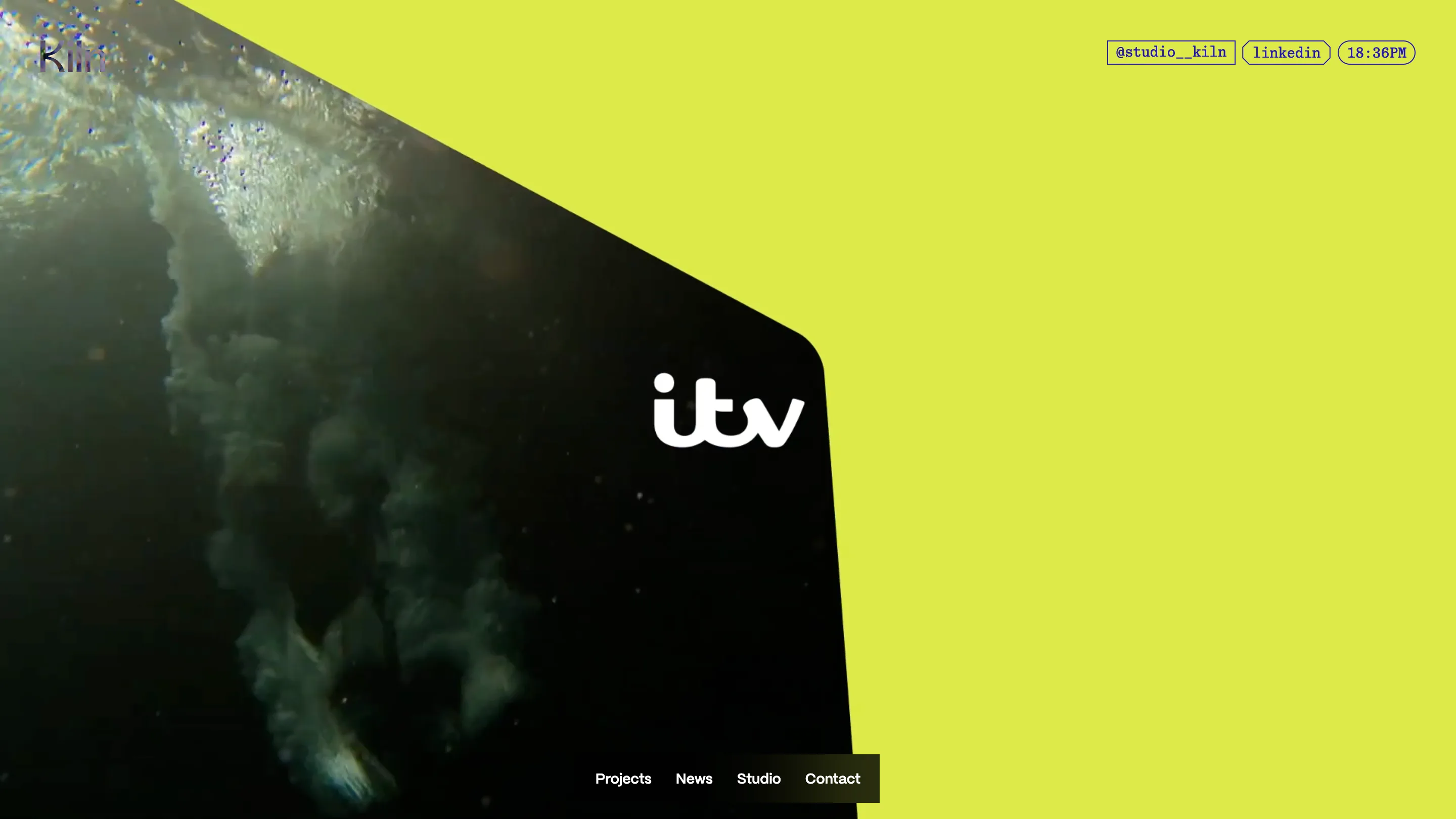Studio Kiln's ITV project page, a chartreuse field with an angular black panel holding underwater footage
