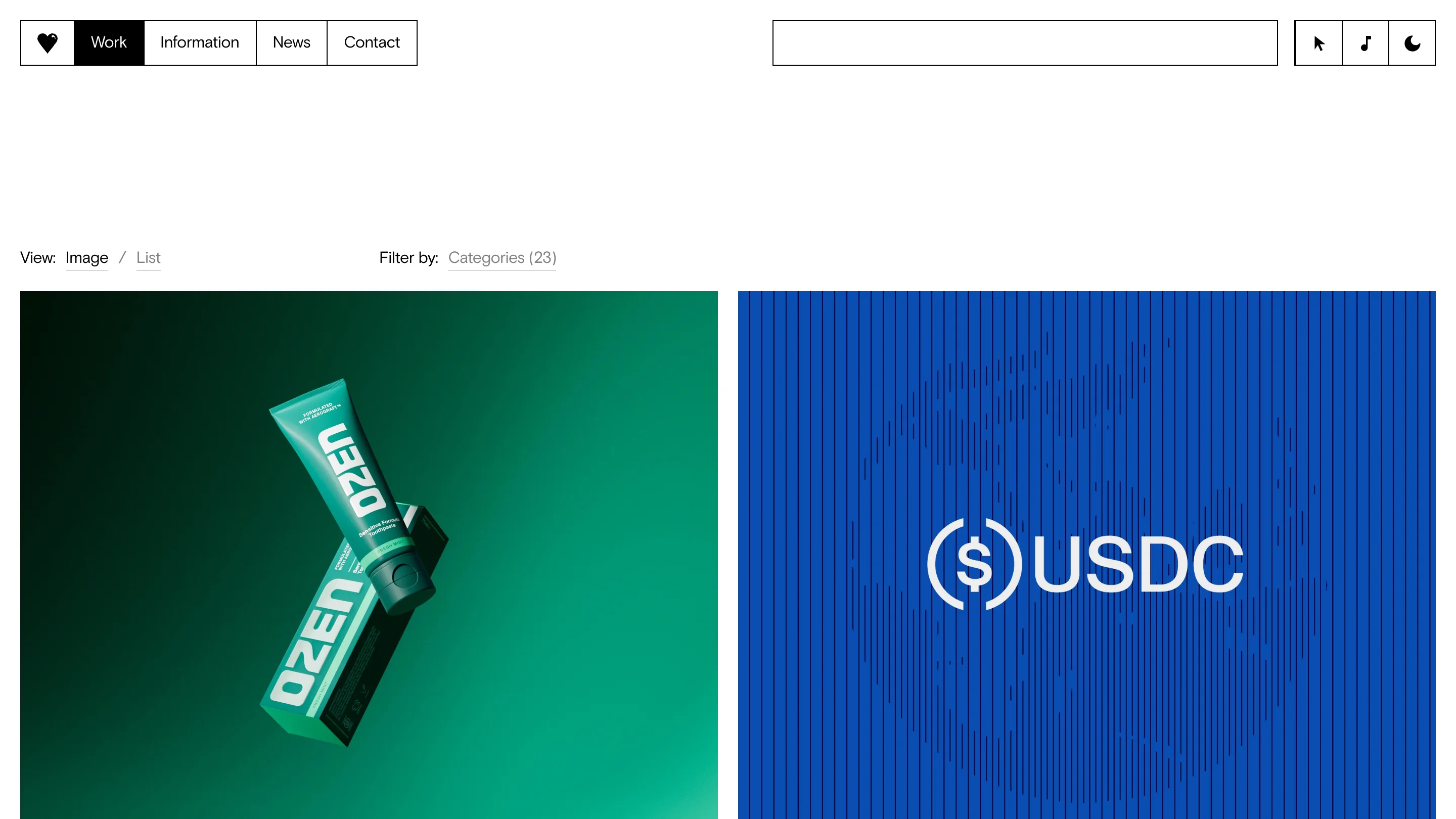 Mother Design's work index, showing Ozen toothpaste packaging on a green gradient beside the USDC identity on blue stripes