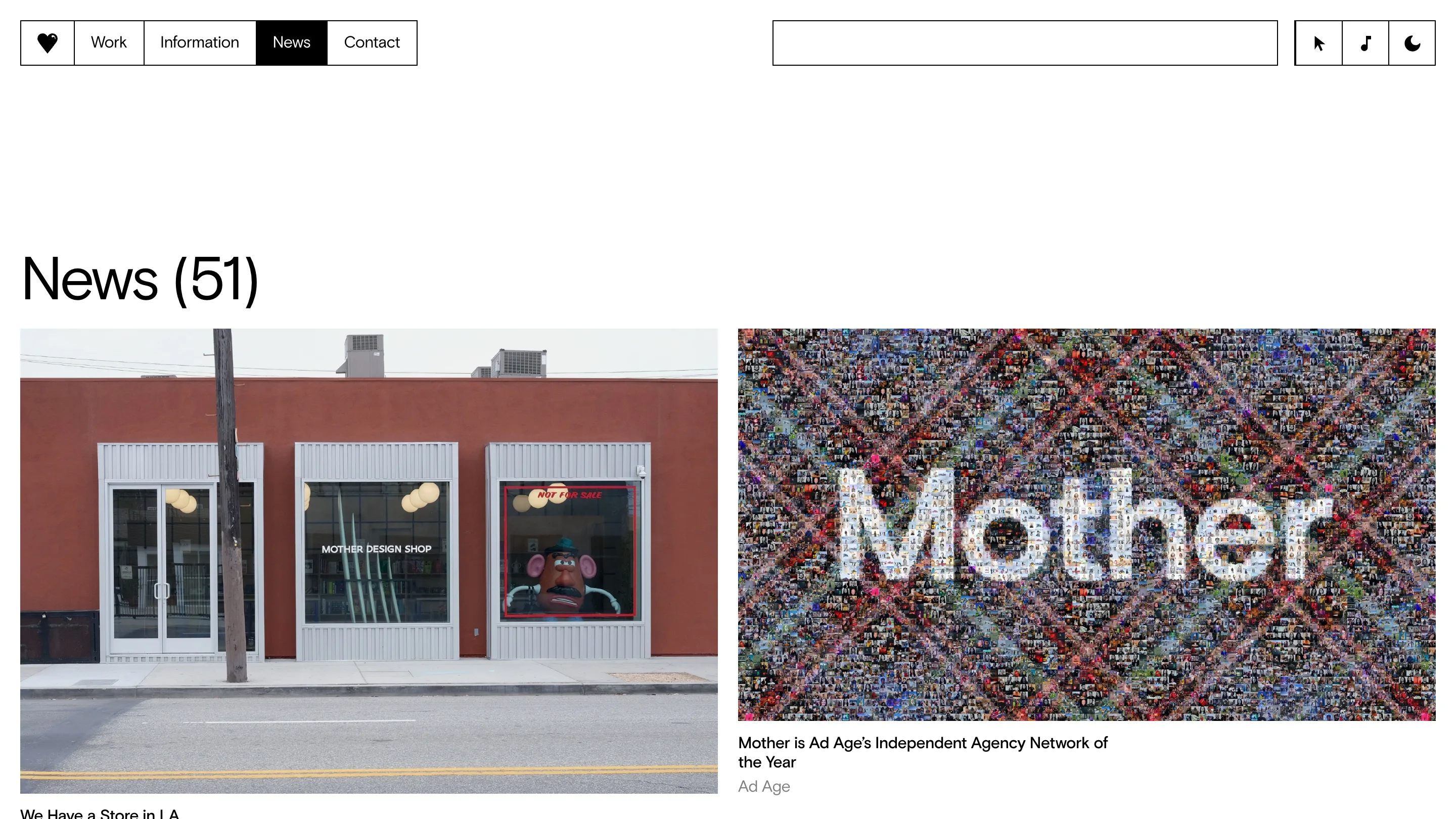 Mother Design's news page, led by a photograph of the Mother Design Shop storefront in West Adams, Los Angeles