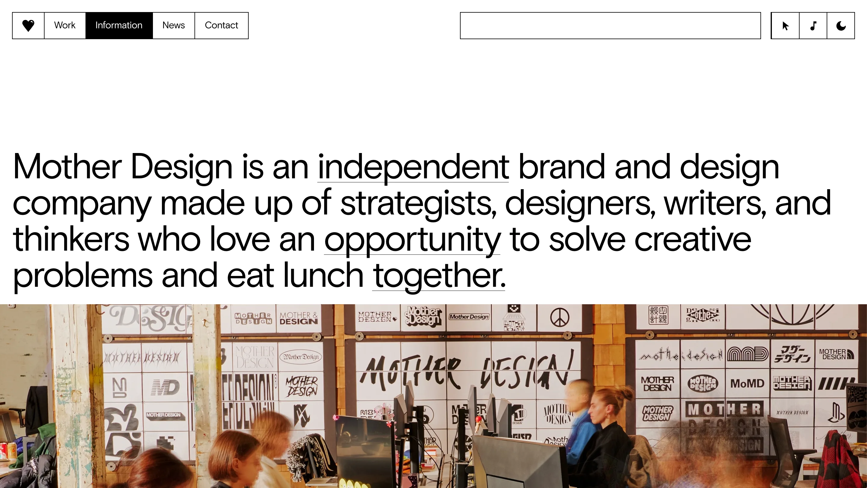 Mother Design's Information page: a large single sentence describing the studio, above a photo of the studio floor with a wall of hand-drawn logo variants