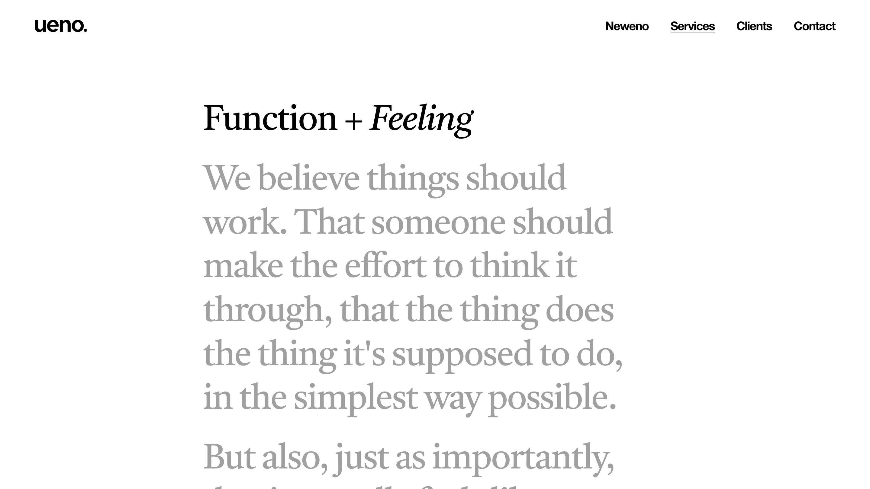Ueno's services page, built around the idea of function plus feeling