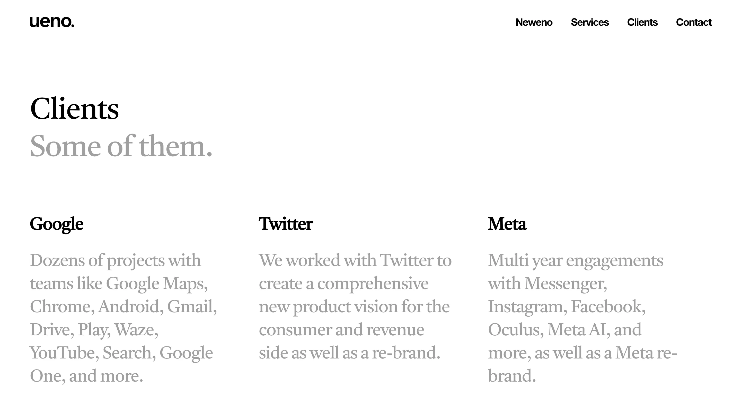 Ueno's clients page listing Google, Uber, Apple, Netflix and more