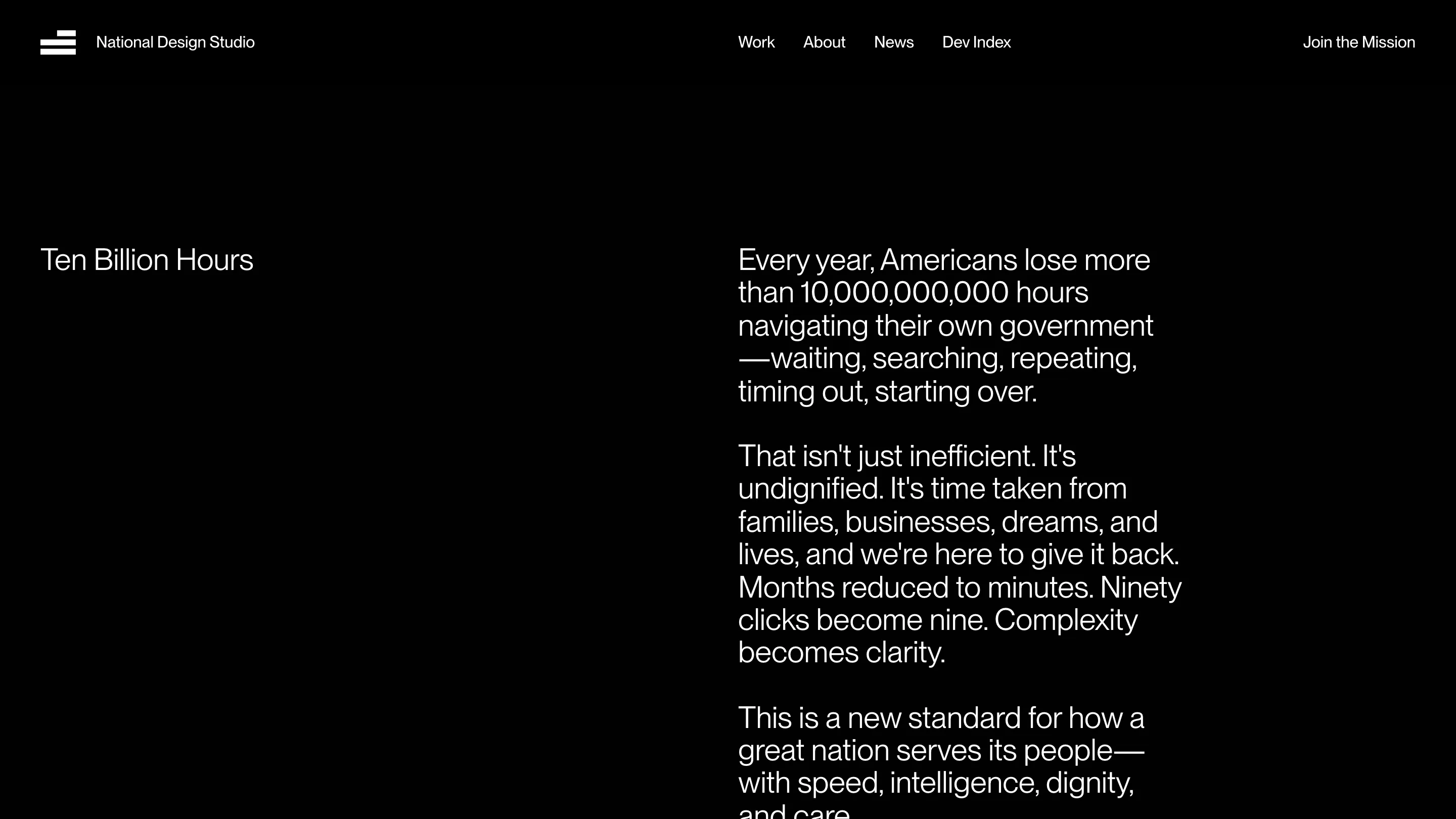 The National Design Studio homepage at ndstudio.gov, opening on its claim that Americans lose ten billion hours a year to government paperwork.
