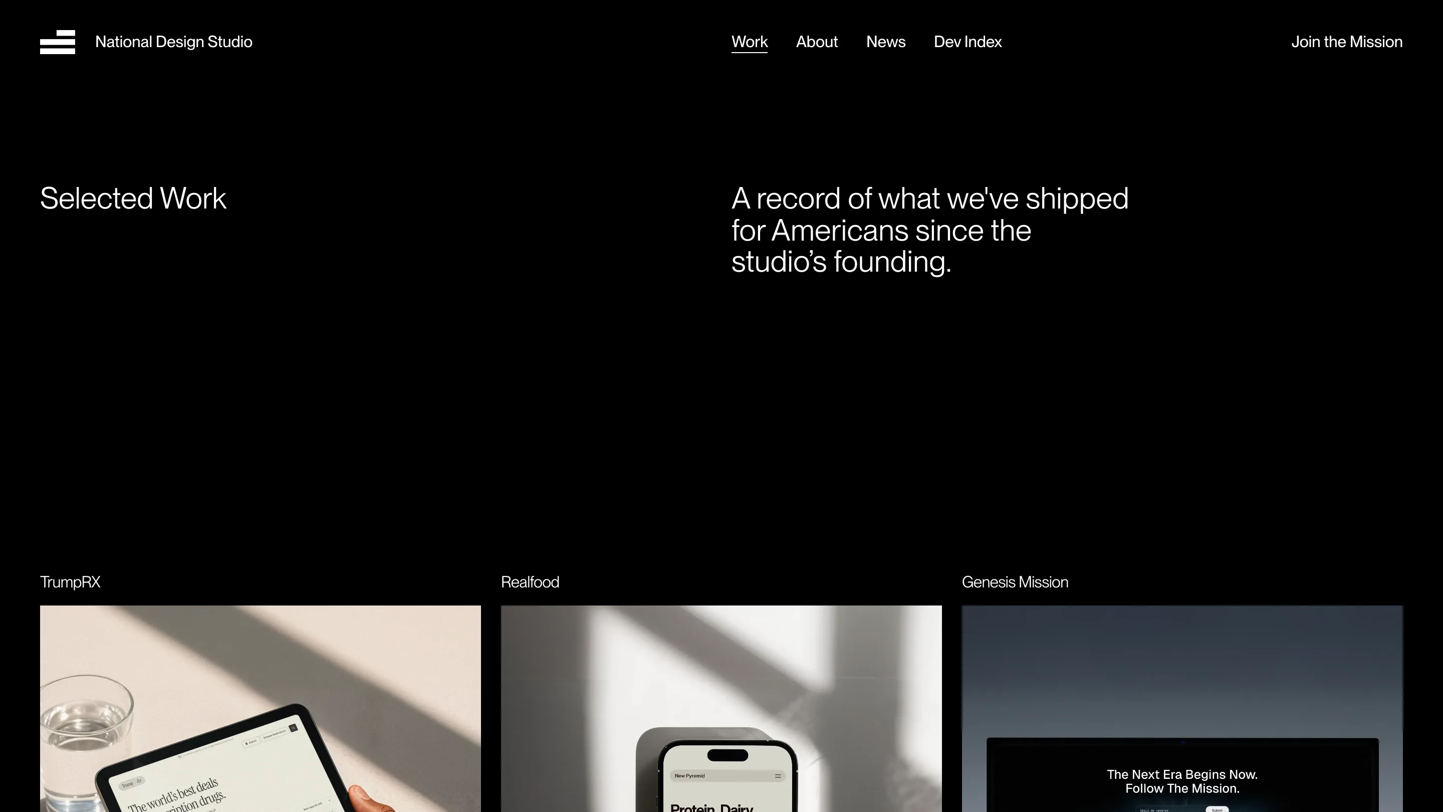 The National Design Studio's work page, listing the federal sites it has redesigned